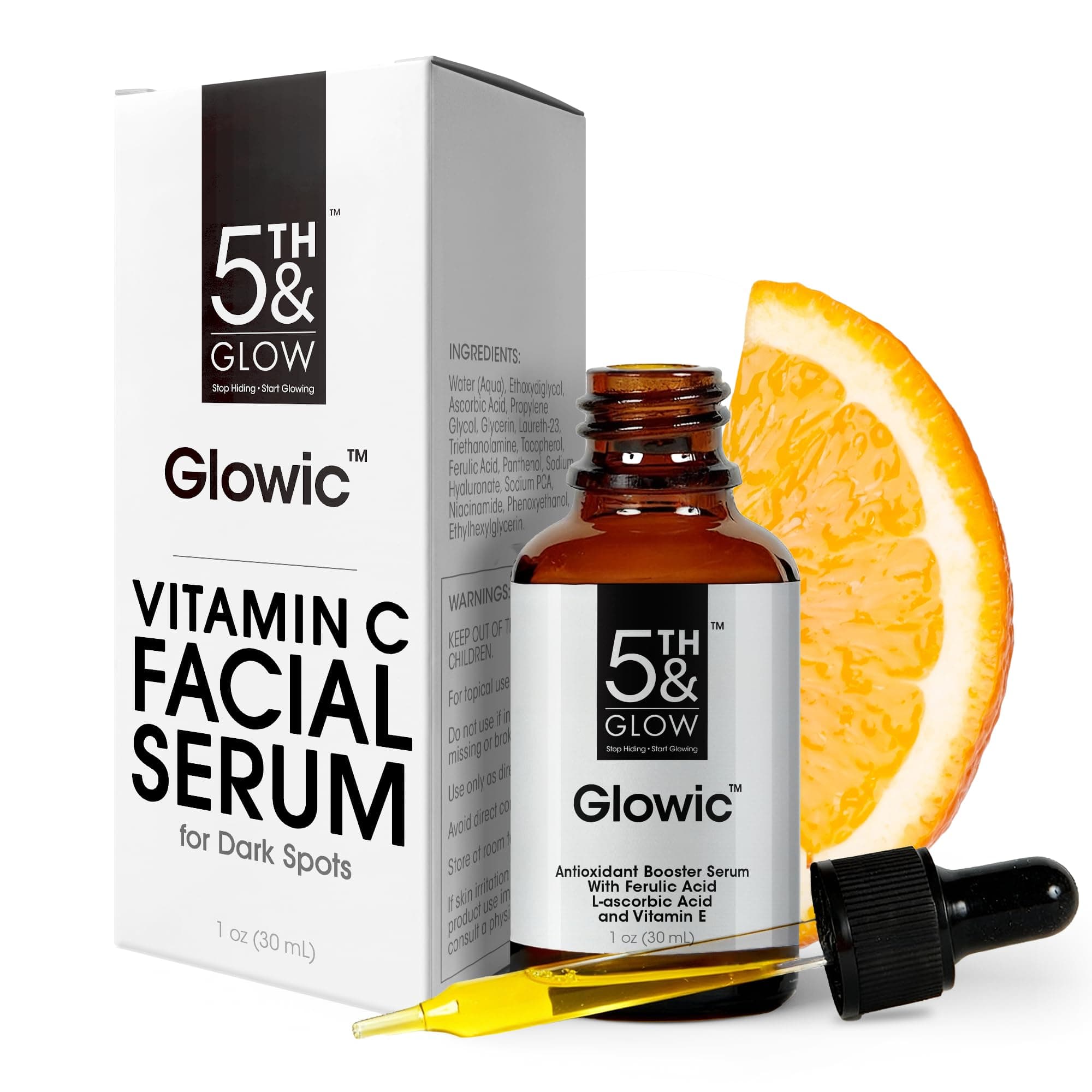 Glowic - Vitamin C Serum With Hyaluronic Acid - Anti-Aging Dark Spot Remover for Face - Hydrates, Brightens & Reduces Fine Lines & Wrinkles - Dark Spots Correcting Skin Glow Serum For Women - 1oz