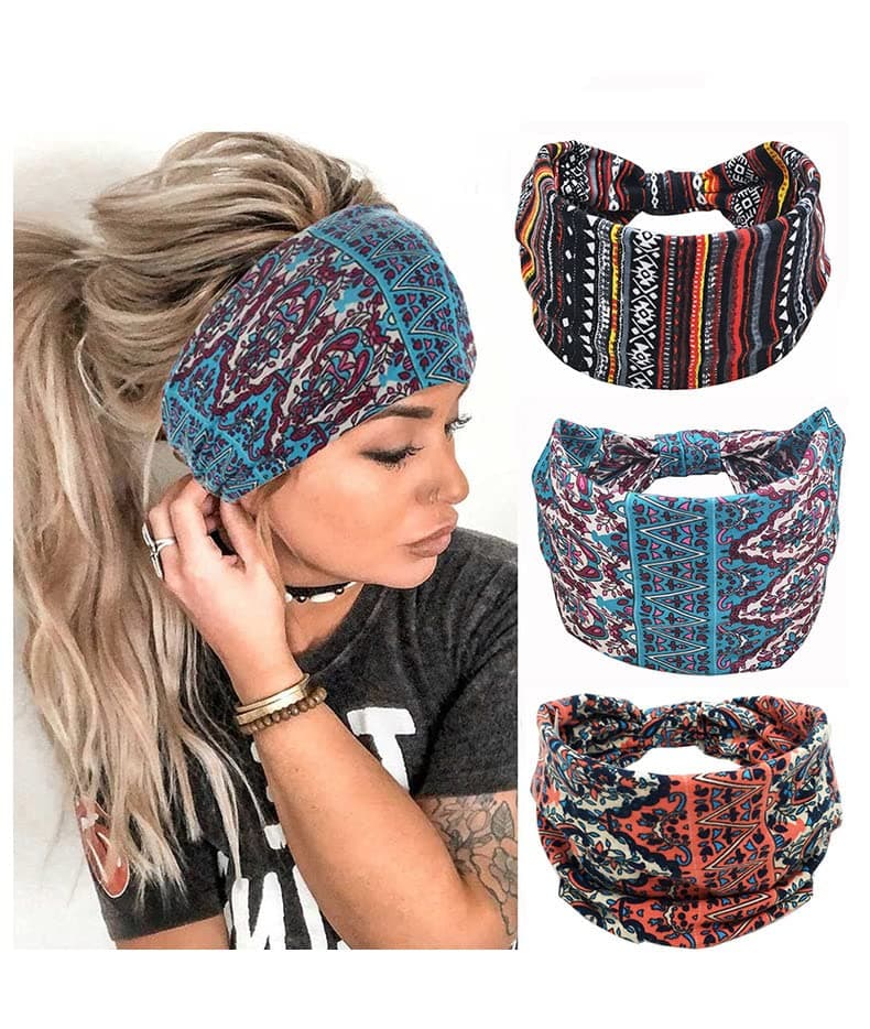 3 Pcs Women's Hair Bands Wide Elastic Soft Wide Elastic Bohemian Headwear Hair Band Workout Head Wrap Boho Print Hair Accessories Yoga Sports Headband