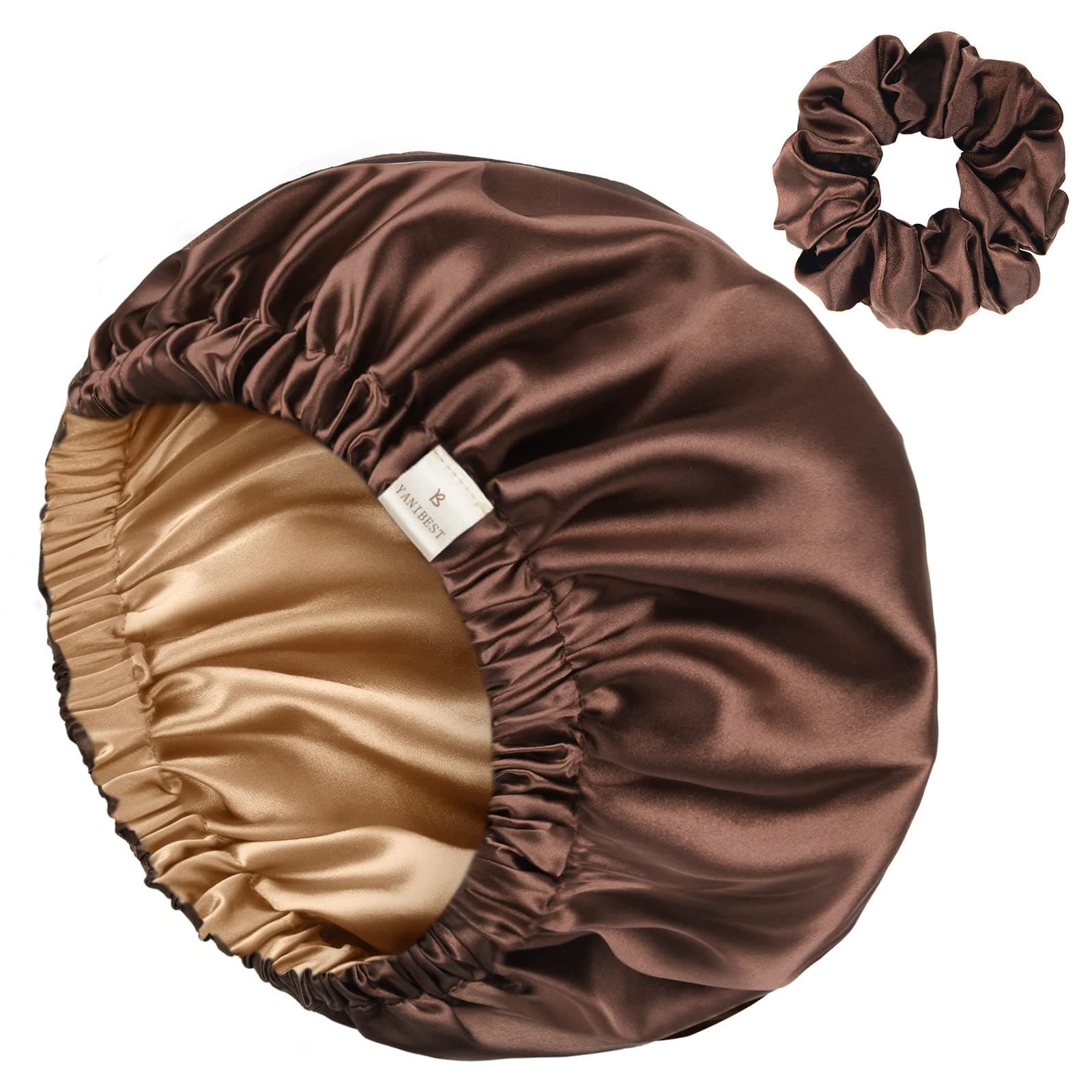 Adjustable Satin Bonnet Double Layer Hair Bonnet for Sleeping Bonnets for Women Hats Curly Natural Hair, Brown