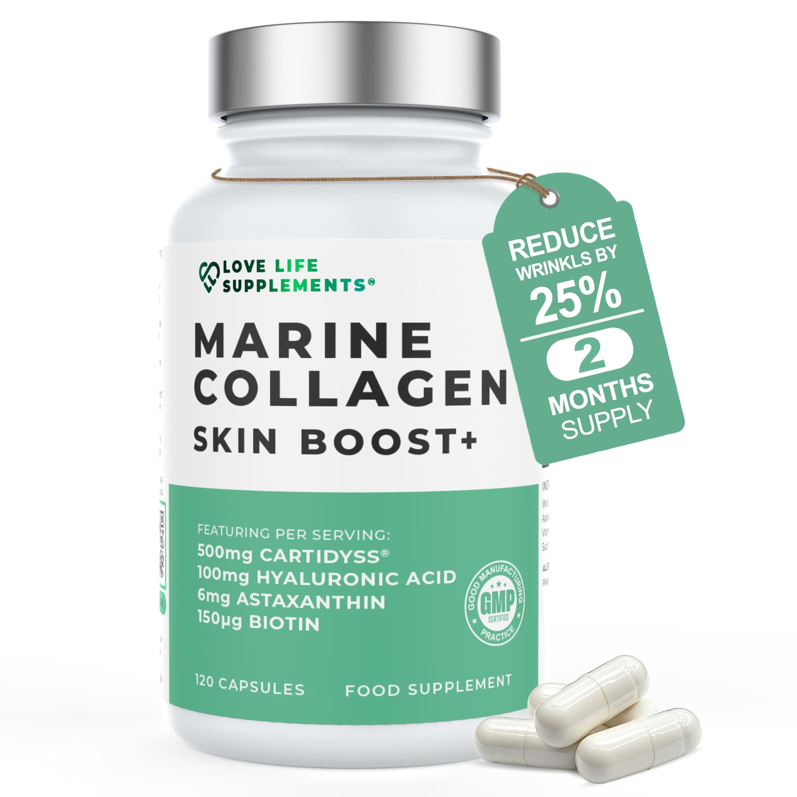 Marine Collagen Skin Boost+ with Astaxanthin & Hyaluronic Acid, 120 Capsules - 2 Month Supply, Also Cartidyss® (Type II), Vitamin C, Vitamin E, Bamboo Stem Extract, Biotin - for Skin, Hair, Nails
