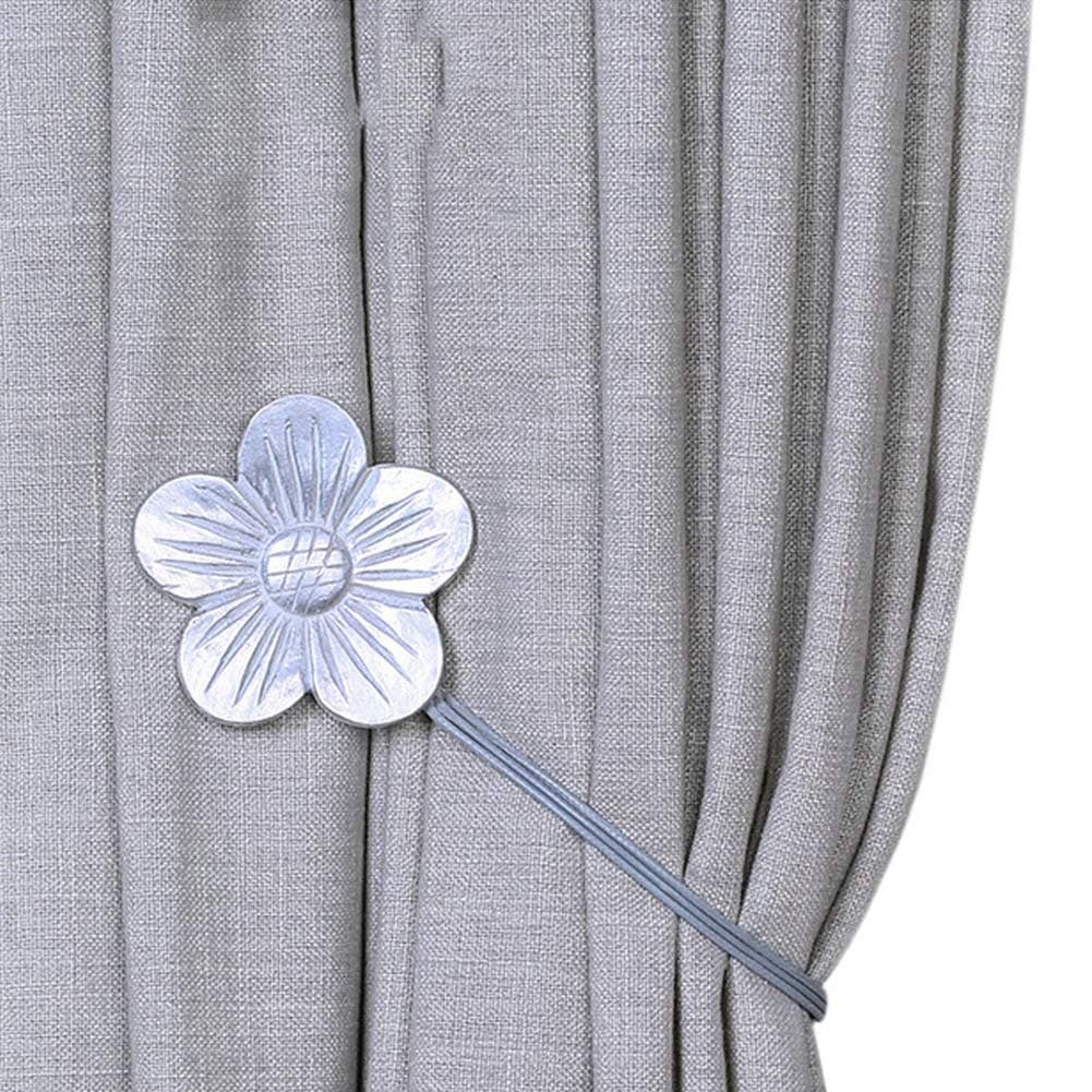 1 Pair Vintage Flower Hand Carved Magnetic Tiebacks Ropes Curtain Drapery Holdbacks Artistic Room Décor for Girls Cafe Bistro (Silver)