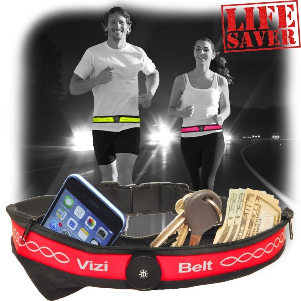 ViziBelt-Lifesaving Premium Quality Sports & Running Belt With Ultra Bright LED Light Function-Perfect Waist Pack For Men, Women and Children-Two Expandable Pockets-Holds Most Smartphones (Red)