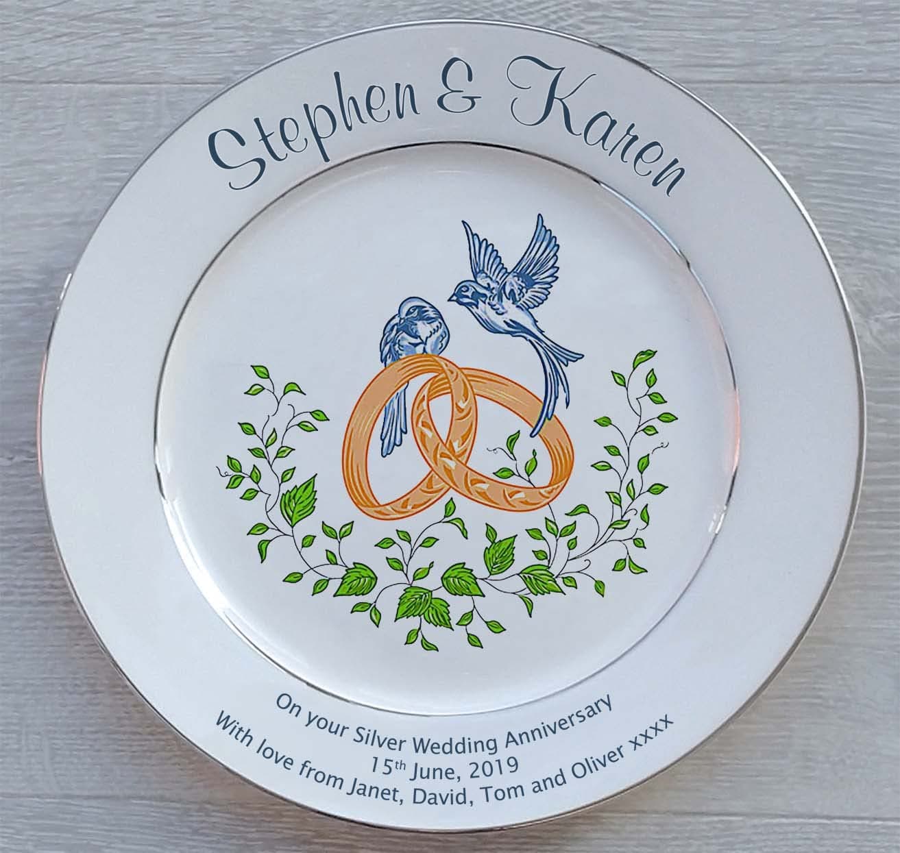 Personalised Bone China Commemorative Plate for Any Wedding Anniversary - Rings and Doves Design (Silver)
