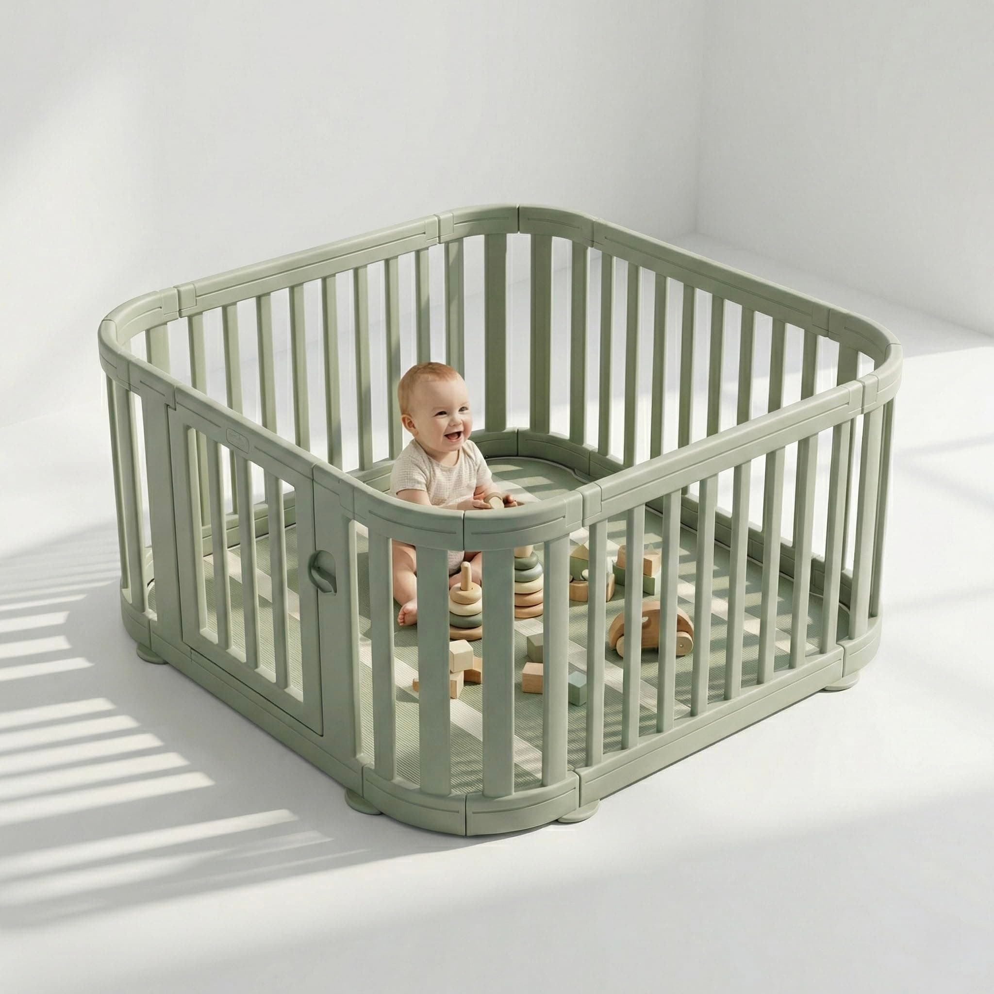 Venture All Stars Baby Playpen - Large Plastic Playpen for Baby and Toddlers with Free Mat, Sturdy Lockable Door, Push-Fit Assembly, Rounded Edges, Indoor & Outdoor Play Pen - Green