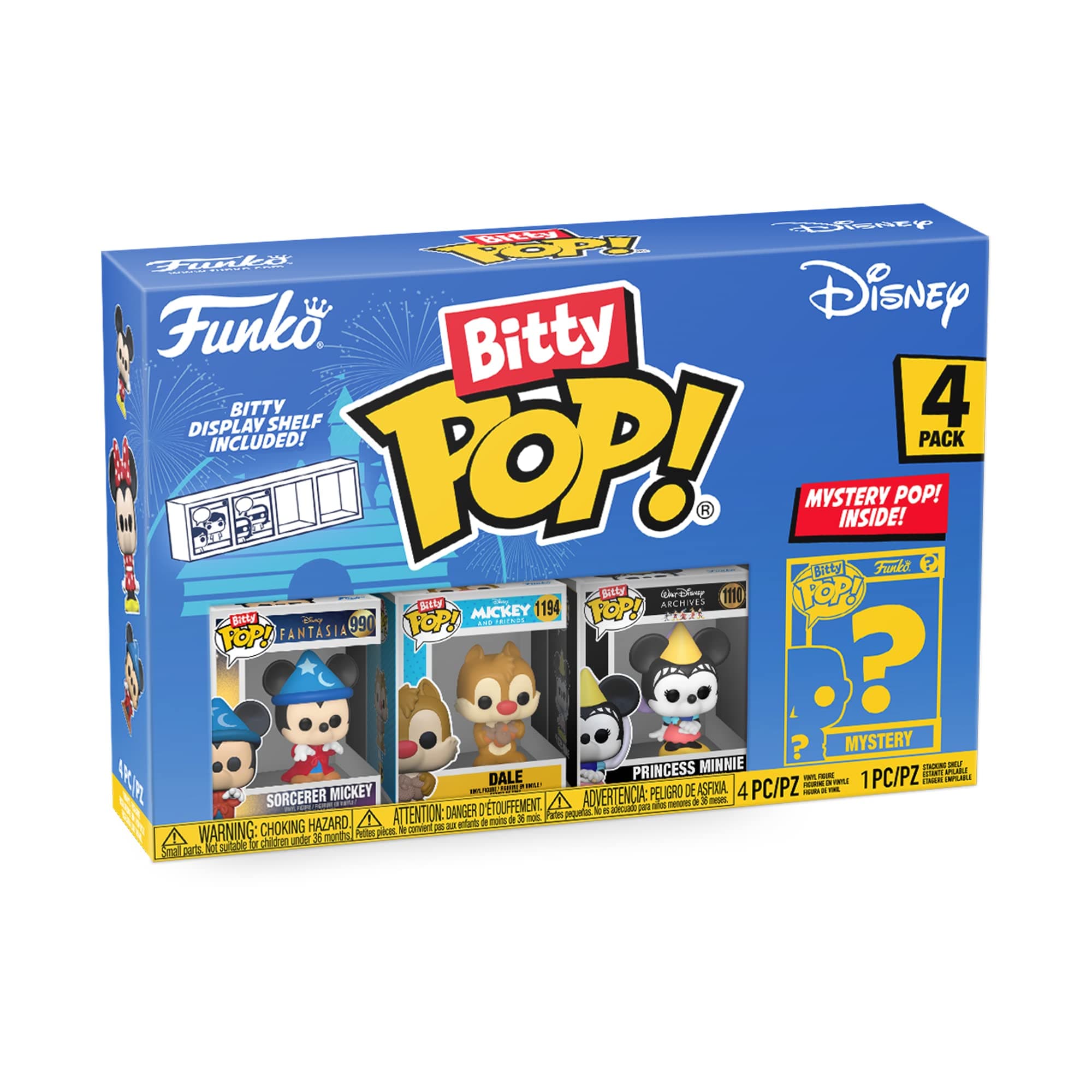 Funko Bitty Pop! Disney - Sorcerer Mickey 4PK - Sorcerer Mickey, Dale, Princess Minnie and A Surprise Mystery Mini Figure - 0.9 Inch (2.2 Cm) Collectable - Stackable Display Shelf Included