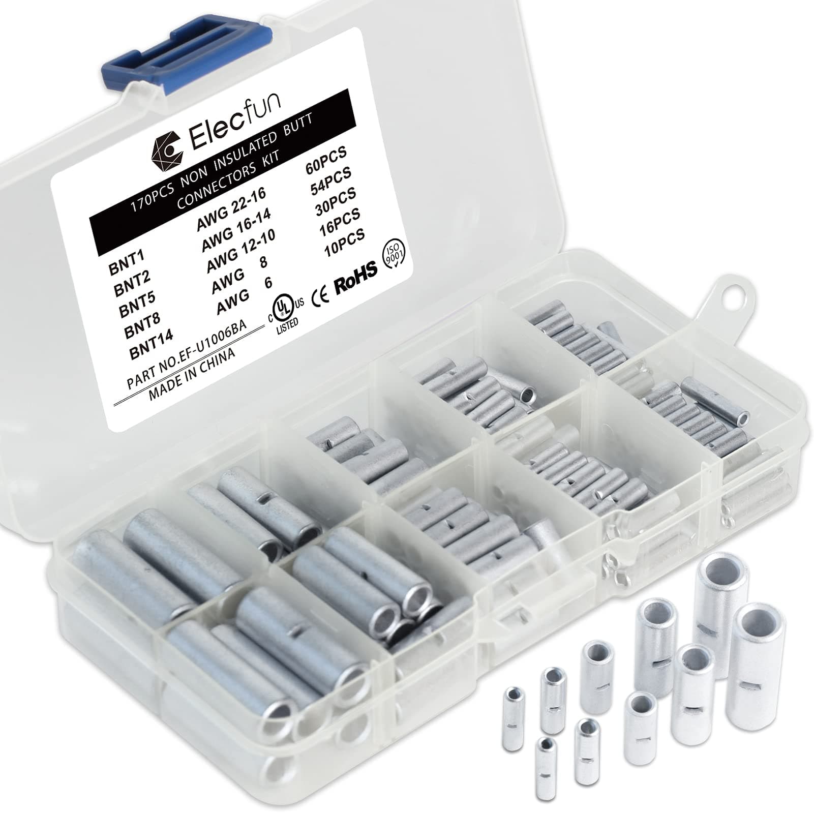 ELECFUN Large Non Insulated Butt Connectors Kit 170pcs 22-6 Gauge Uninsulated Butt Connector 22-16AWG, 16-14AWG, 12-10AWG, 8AWG, 6AWG Electrical Wire Crimp Ferrule Terminals