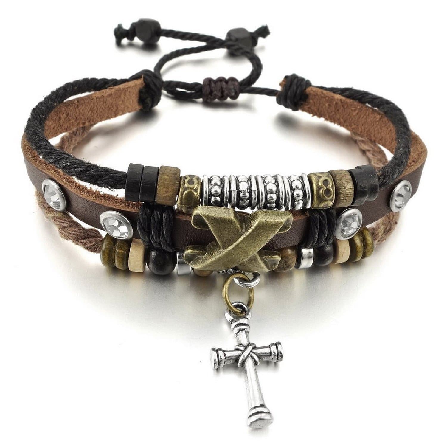 Men,Women's Alloy Genuine Leather Bracelet Bangle Cross Surfer Wrap Braided Tribal Adjustable Fit 7~9 inch,9"