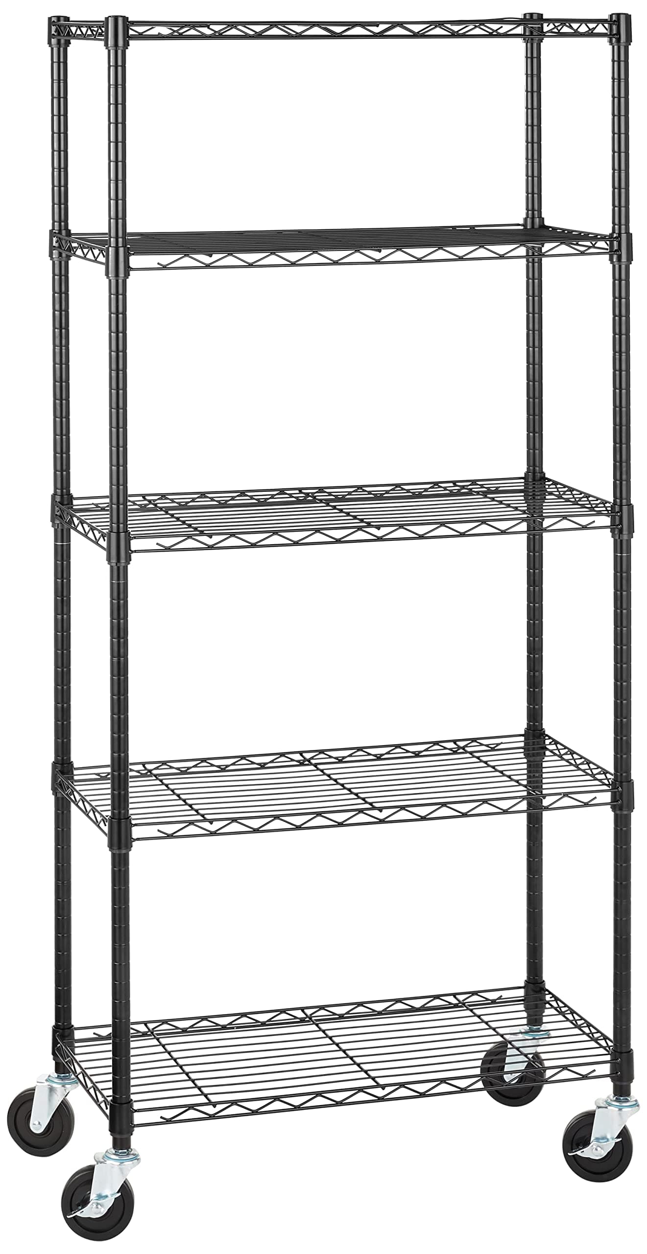 Amazon Basics 5-Shelf Medium Storage Unit on 4-inch Casters with Height Adjustable Shelves and Levelling Feet - 680kg Max Weight, Black, 76.2 cm D x 35.6 cm W x 164.5 cm H