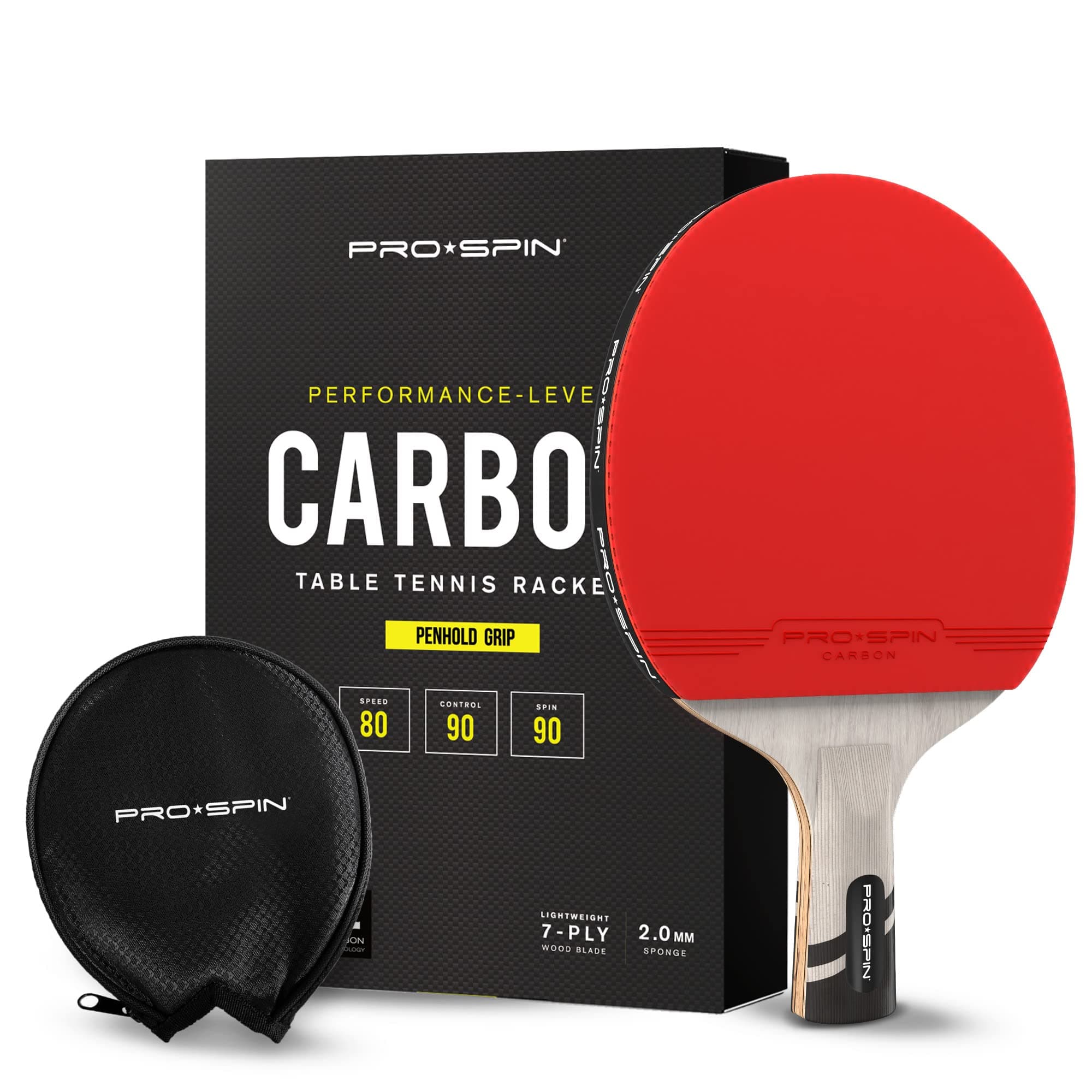 PRO-SPIN Carbon Ping Pong Paddles - Penhold Short Grip, Premium Table Tennis Rackets with Carbon Fiber | Professional-Level 7-Ply Blade, Premium Rubber, 2.0mm Sponge | Rubber Protector Case (1-Pack)