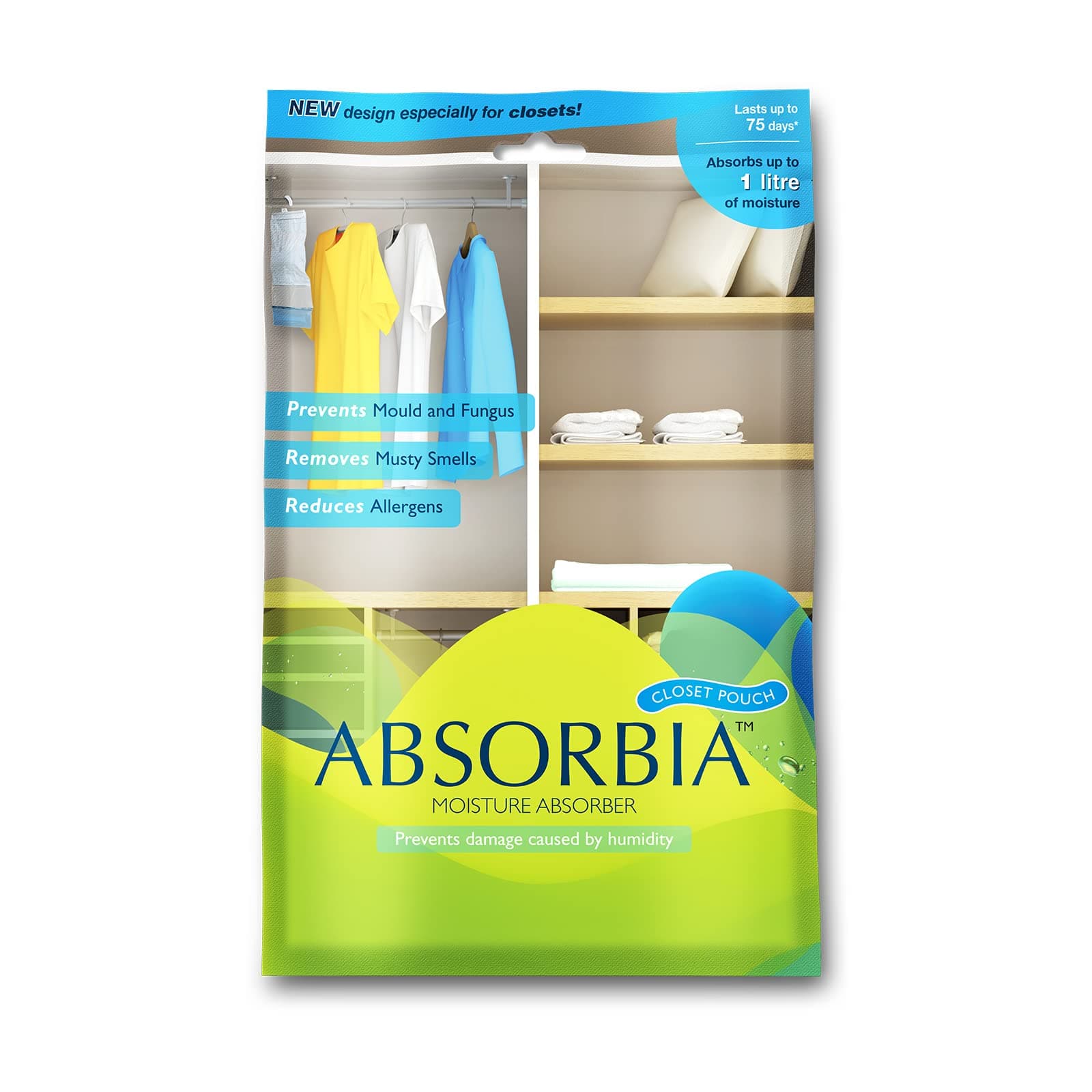 Absorbia Moisture Absorber| Absorbia Hanging Pouch 440 gms | Absorption Capacity 1000ml each | Dehumidifier for Wardrobe, Closet & Bathroom| Fights Against Moisture, Mould, Fungus & Musty Smells