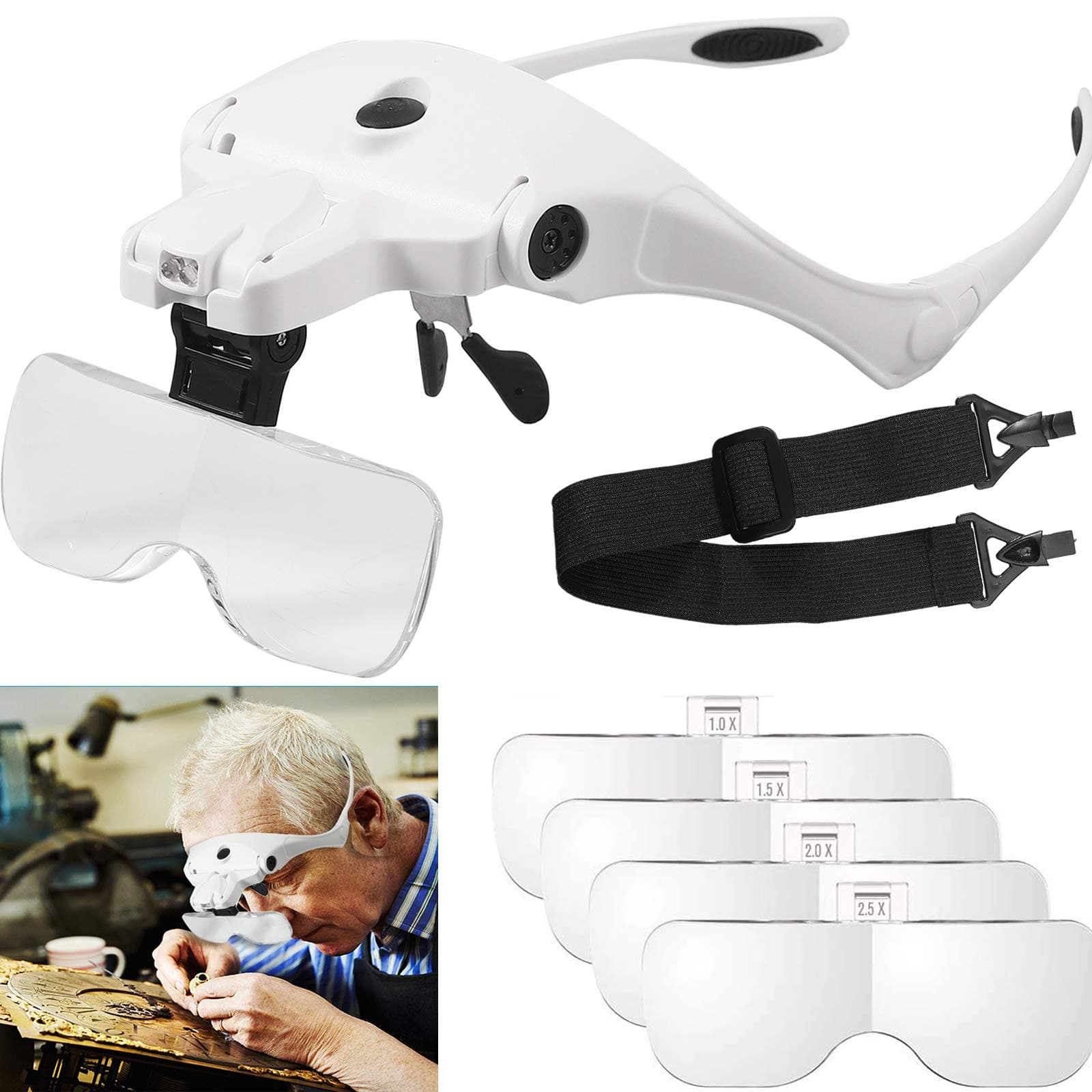 eSynicProfressional Head Magnifying Glass Wear Comfortably Head Magnifier Rechargeable Headband Magnifying Glasses with 4 LEDs/1.2X-4.5X HD Lens with Battery Warning Light for Crafts Reading etc