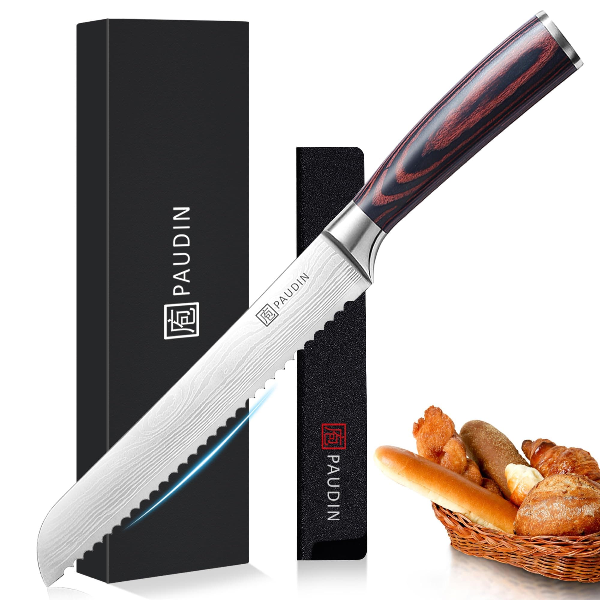 PAUDIN Bread Knife, 8 inch Serrated Knife with German Stainless Steel for Efficient Slicing Sourdough Bread, Bagels, Cake, Gift Box for Family & Restaurant