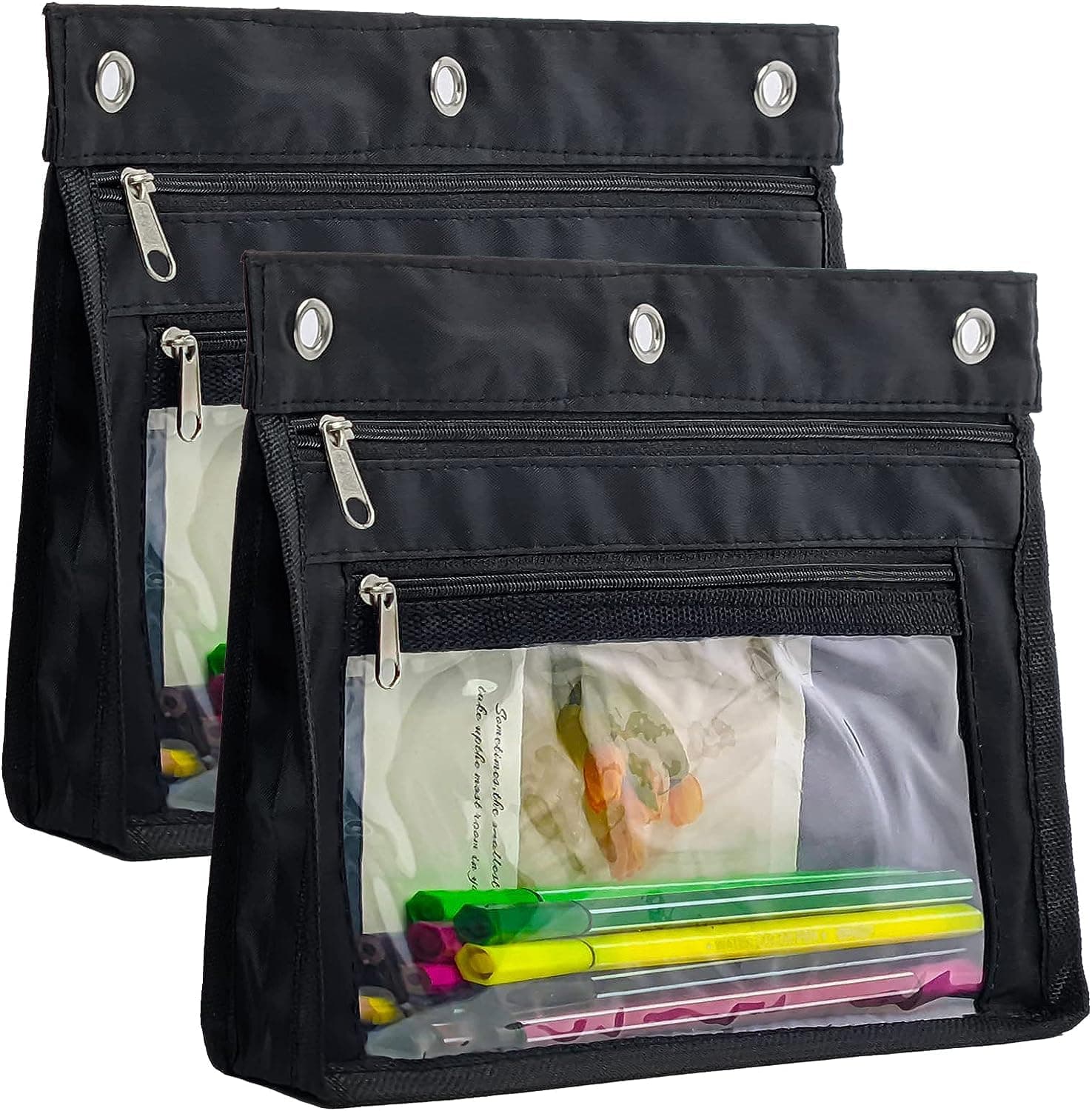 YoeeJob 2 Pack 1 Inch Expandable Zipper Pencil Pouches with Clear Window for 3 Ring Binder, Suitable for School & Office (Black)