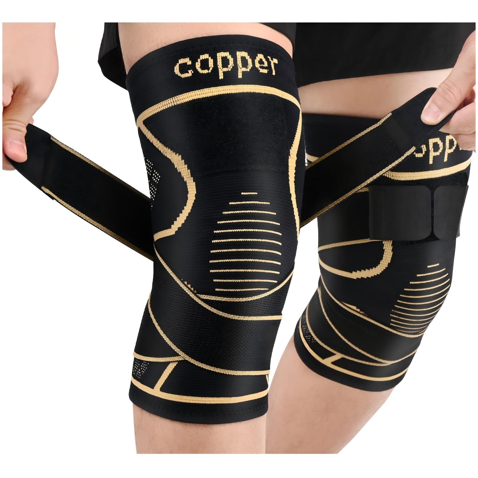 Copper Knee Brace for Women Men 2-Pack, Knee Compression Sleeve with Straps, Knee Braces for Knee Pain, Knee Support for Running Working