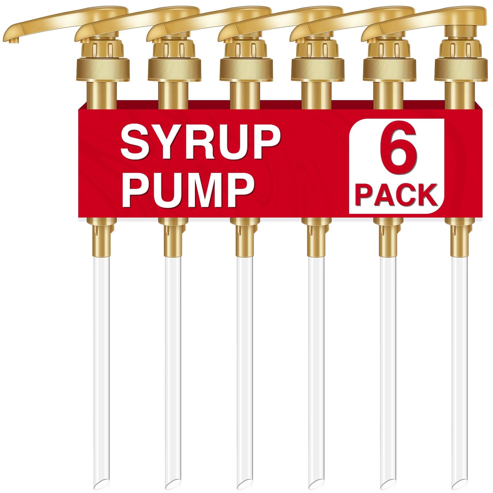 VOISEN Coffee Syrup Pumps, 6 Pack Gold Syrup Pump, Skinny Syrup Pump for 750ml 25.4oz Syrup Bottle, Syrup Pump Dispenser for Kitchen Dinning Coffee Bar Drinking Mixes,Davinci,Jordans