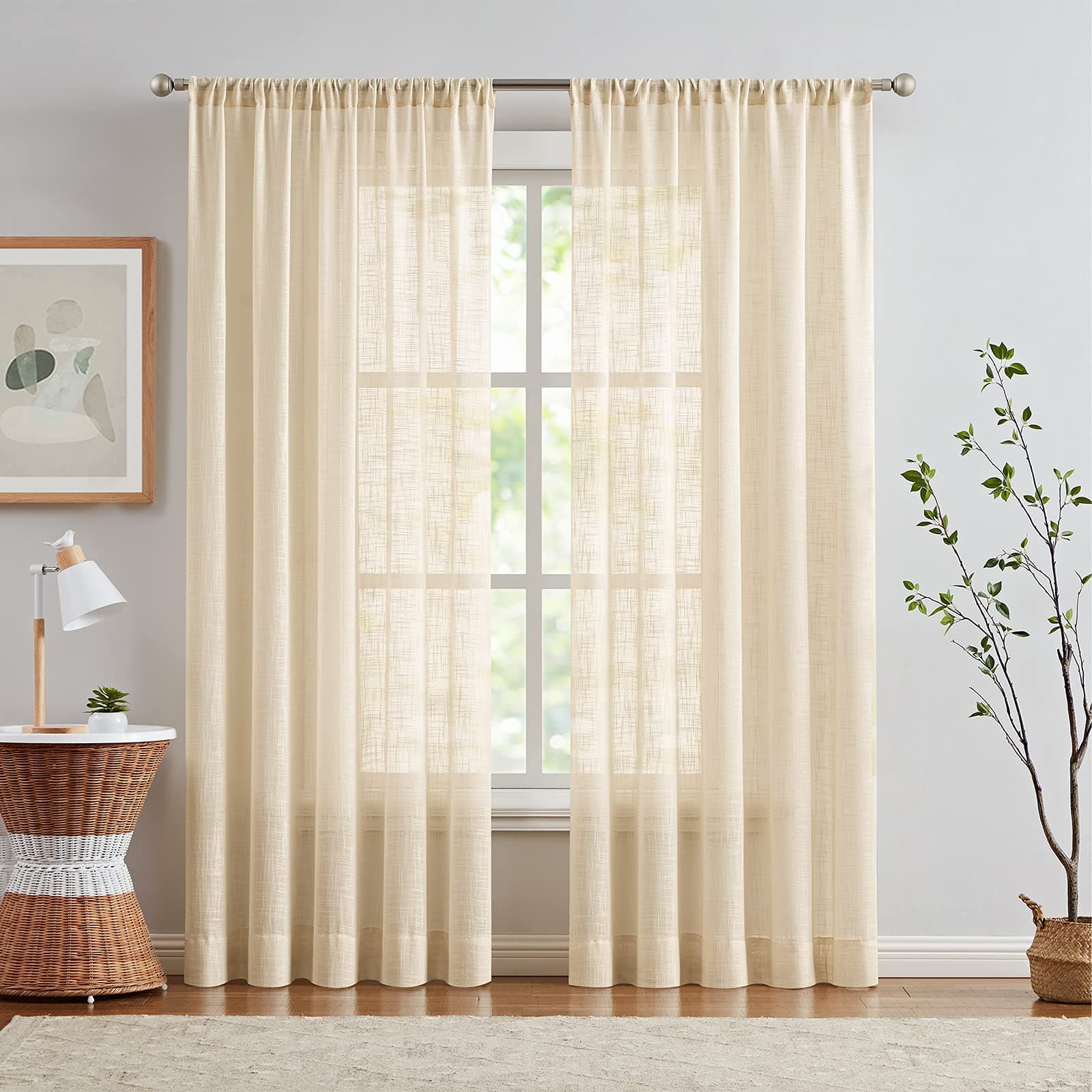 Taupe Open Weave Sheer Curtains 95 Inches Crosshatch Linen Textured Curtain Panels for Living Room Rod Pocket Heavy Weight Drapes,1 Pair