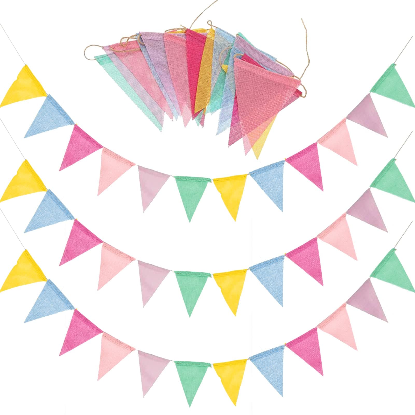 60 Flags 68 Feet Bunting Banner, Multicolor Outdoor Waterproof Triangle Flags Imitated Linen Burlap Bunting Supply for Wedding Birthday Party Home Festival Decoration