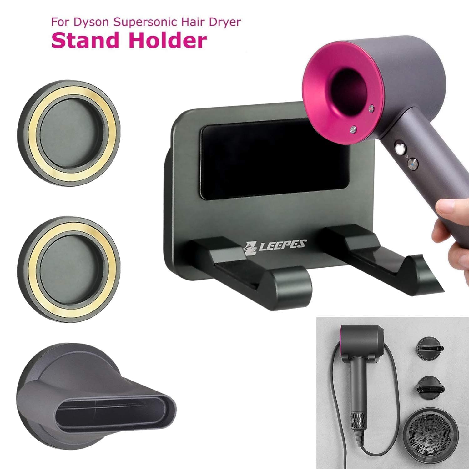 LEEPES Wall Mount Holder for Dyson Supersonic Hair Dryer, Separable Diffuser and Two Nozzles, Aluminum Alloy,No Drilling Easy Installation … (with Accessory Storage)