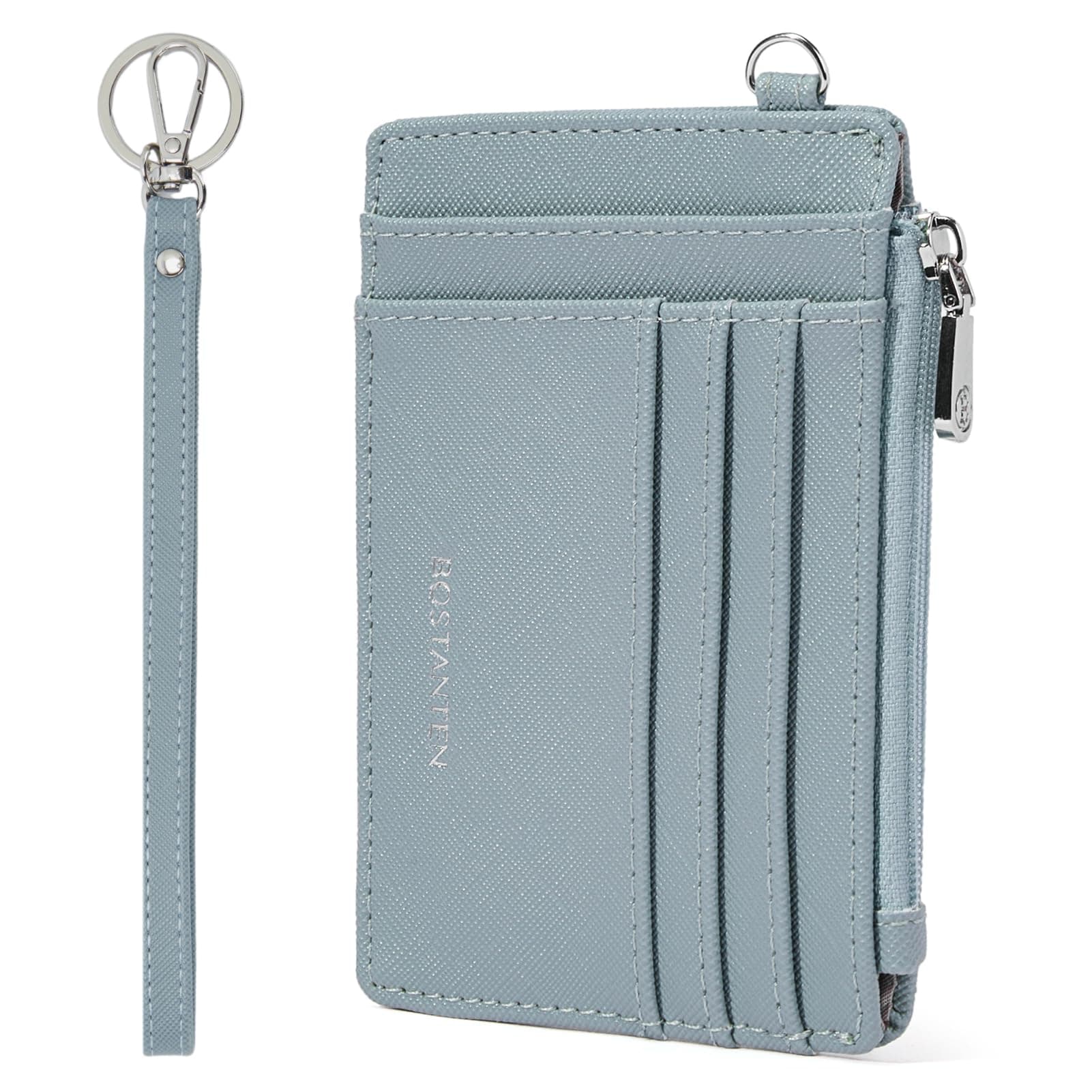 Small Wallet For Women RFID Leather Credit Card Holder Slim Wristlet Keychain Wallet With Zipper Pocket Blue