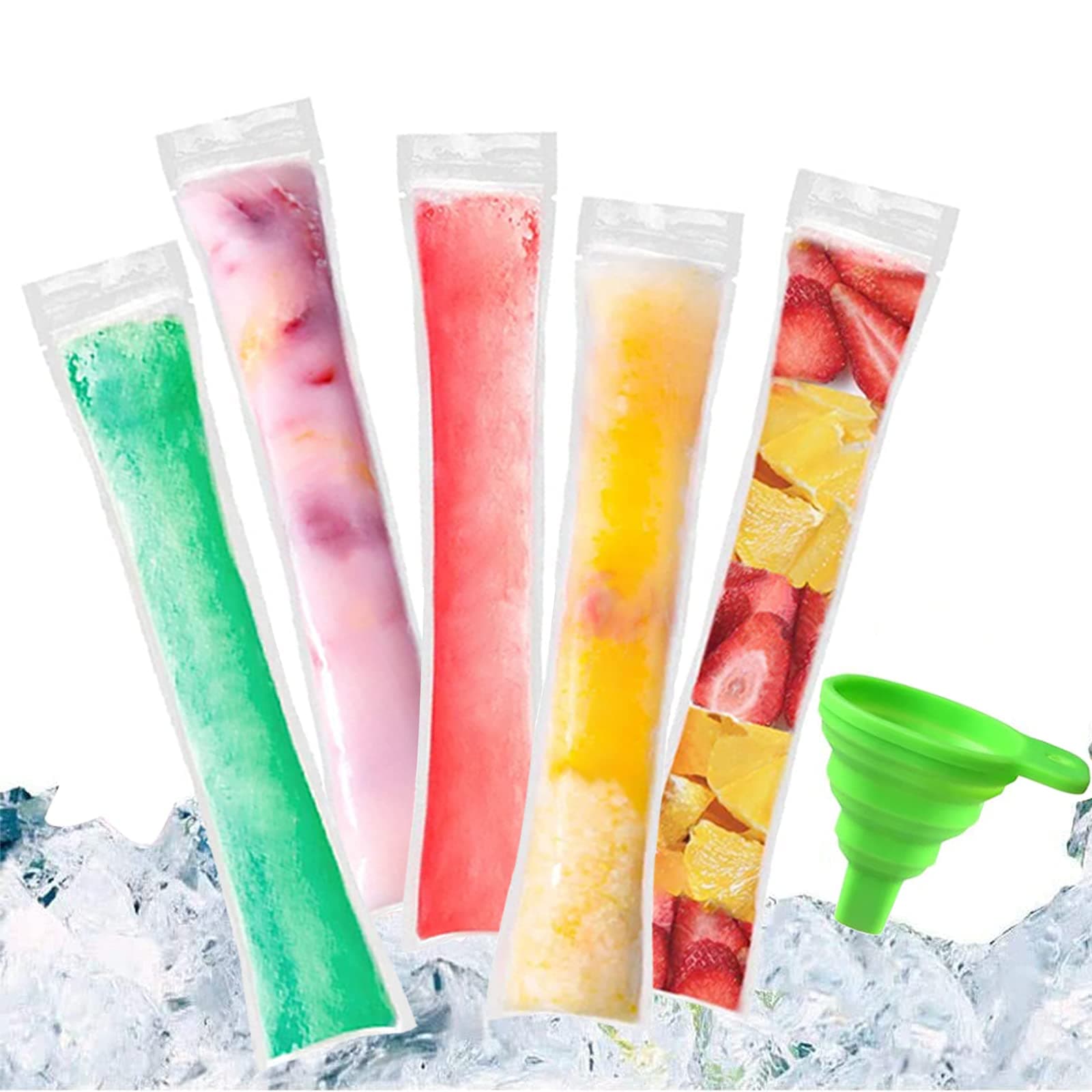 100 PCS BPA Free Ice Pop Pouch with Funnel, Transparent Rectangular Popsicle Molds Bags for Ice Cream, Yogurt, Candy, Party Favors