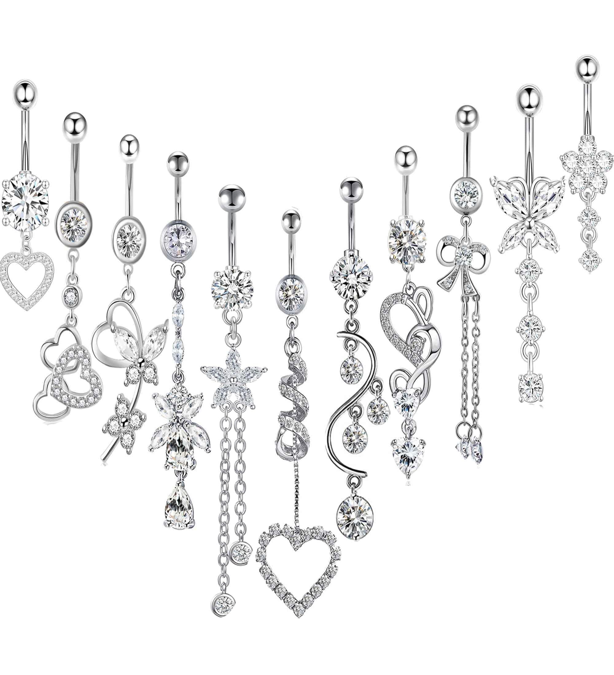 14G Women Belly Button Rings Surgical Stainless Steel Dangle Belly Rings 10mm Belly Bar Body Piercing Navel Jewelry Butterfly Heart Flower Dangling Silver Gold Belly Piercings 11pcs