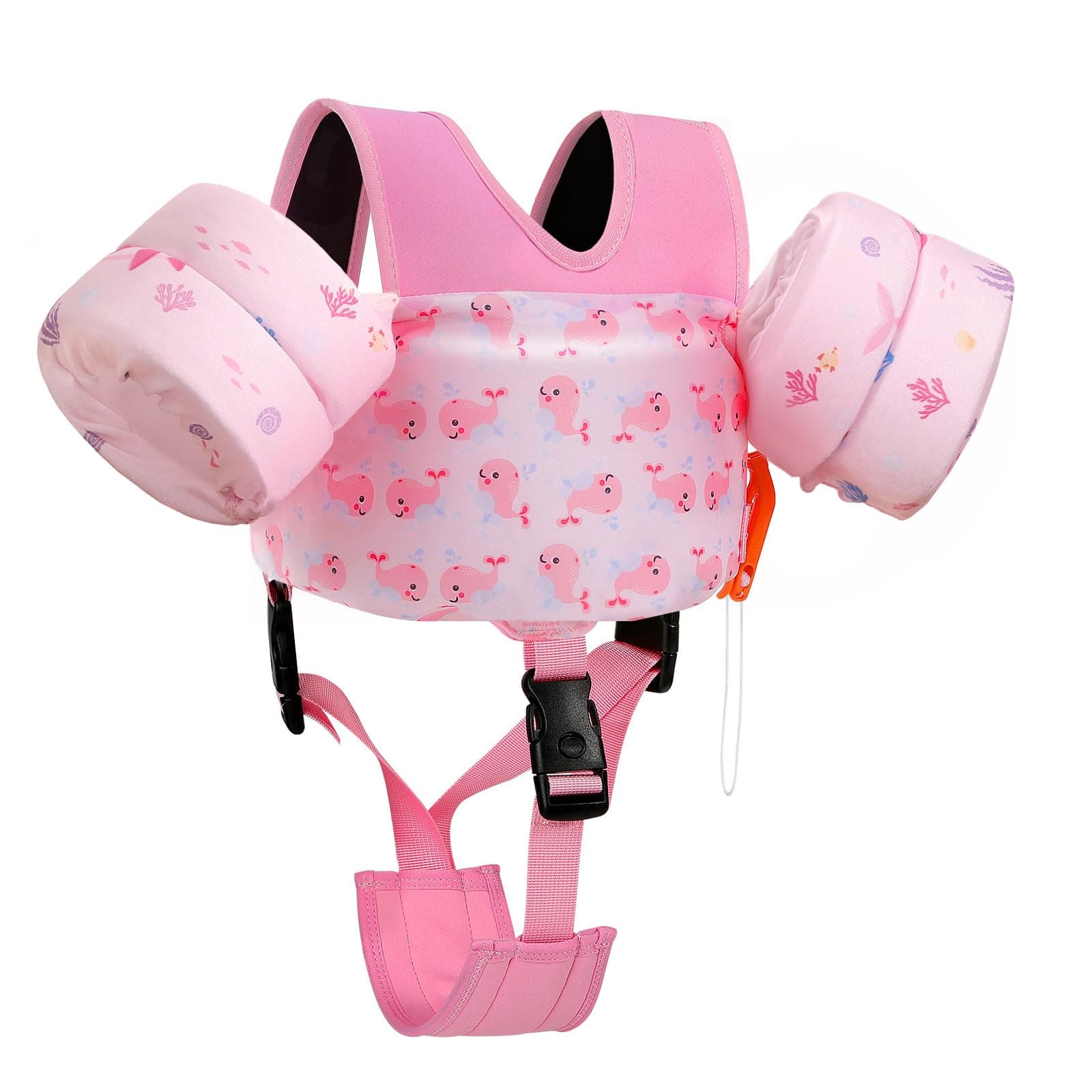 MoKo Swim Arm Floaties 15-30 lbs, Toddler Swim Vest for Kids Cartoon Swimming Water Wings with Crotch Strap, Pool Float Vests Sleeves Shoulder Straps Arm Band for Children, Baby Pink Whale