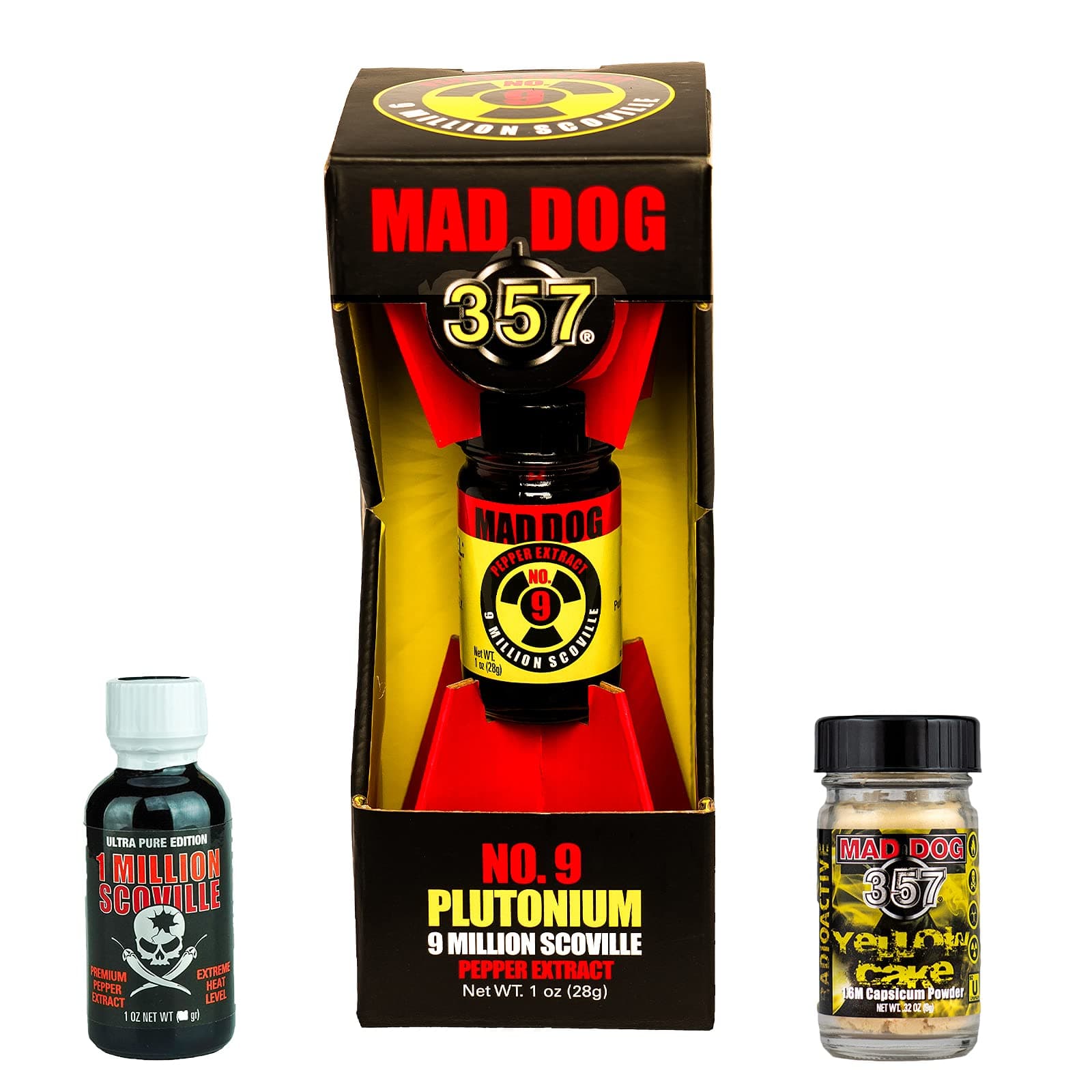 Mad Dog 357 No. 9 Plutonium 9 Million Scoville Pepper Extract with jar of Mad Dog 357 Yellow Cake - 1.6M Capsicum Powder and Bottle of Mad Dog 357 ECO 1 Million Scoville Ultra Pure Pepper Extract