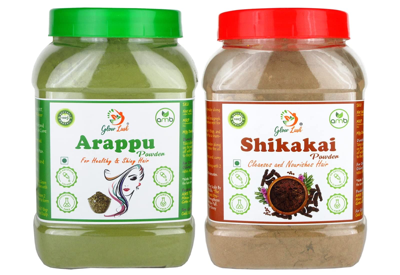 glow Lush100% Pure Arappu (500g) & Shikakai (500g) Powder for Herbal Hair Wash, All, (2 count)