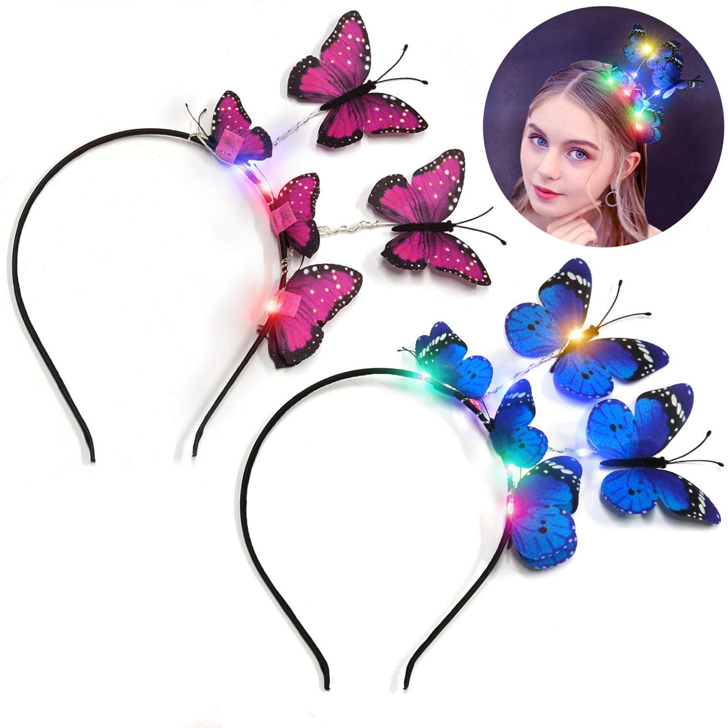 LED Women Butterfly Headband,Aniwon 2 PCS Light Up Party Headbands Hair Band Fashion Headbands for Girls Hair Accessories Wedding Halloween Party Supplies
