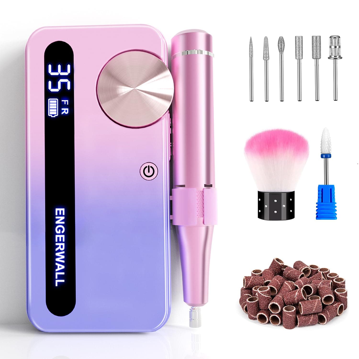 ENGERWALL Rechargeable Nail Drill 35000RPM, Professional Portable Electric Nail File for Acrylic Gel Nails, Cordless E-File Kit with 7 Bits & 56 Sanding Bands for Manicure Pedicure, Pink-Blue