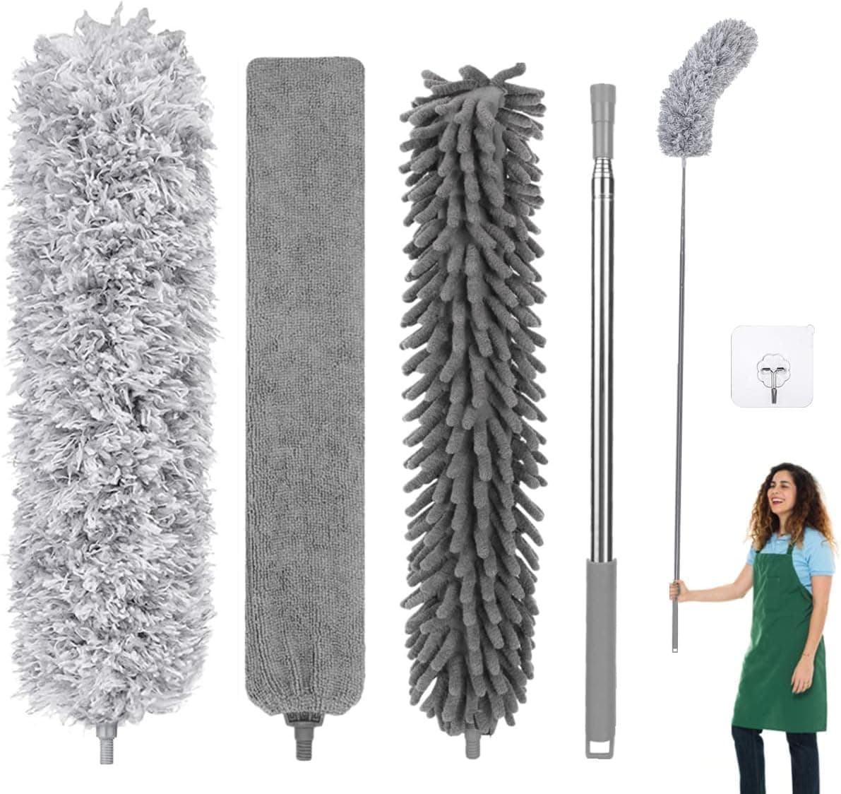 Extendable Feather Duster, Bendable Microfiber Duster with Extra Long 100" Telescopic Extension Pole and Soft Silicone Cap, Washable Duster for Cleaning Roof, High Ceiling Fan, Blinds