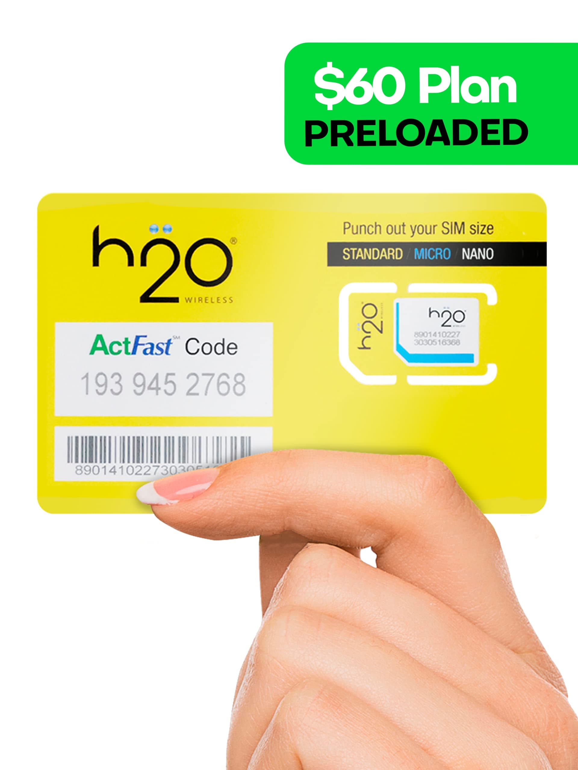 H2O Wireless 30-Day USA Physical Prepaid SIM Card with 60GB High-Speed 4G LTE/5G Data & 20GB Mobile Hotspot, Unlimited Data, Talk & Text to 70+ Countries, Triple-Cut US SIM Card for Cell Phones