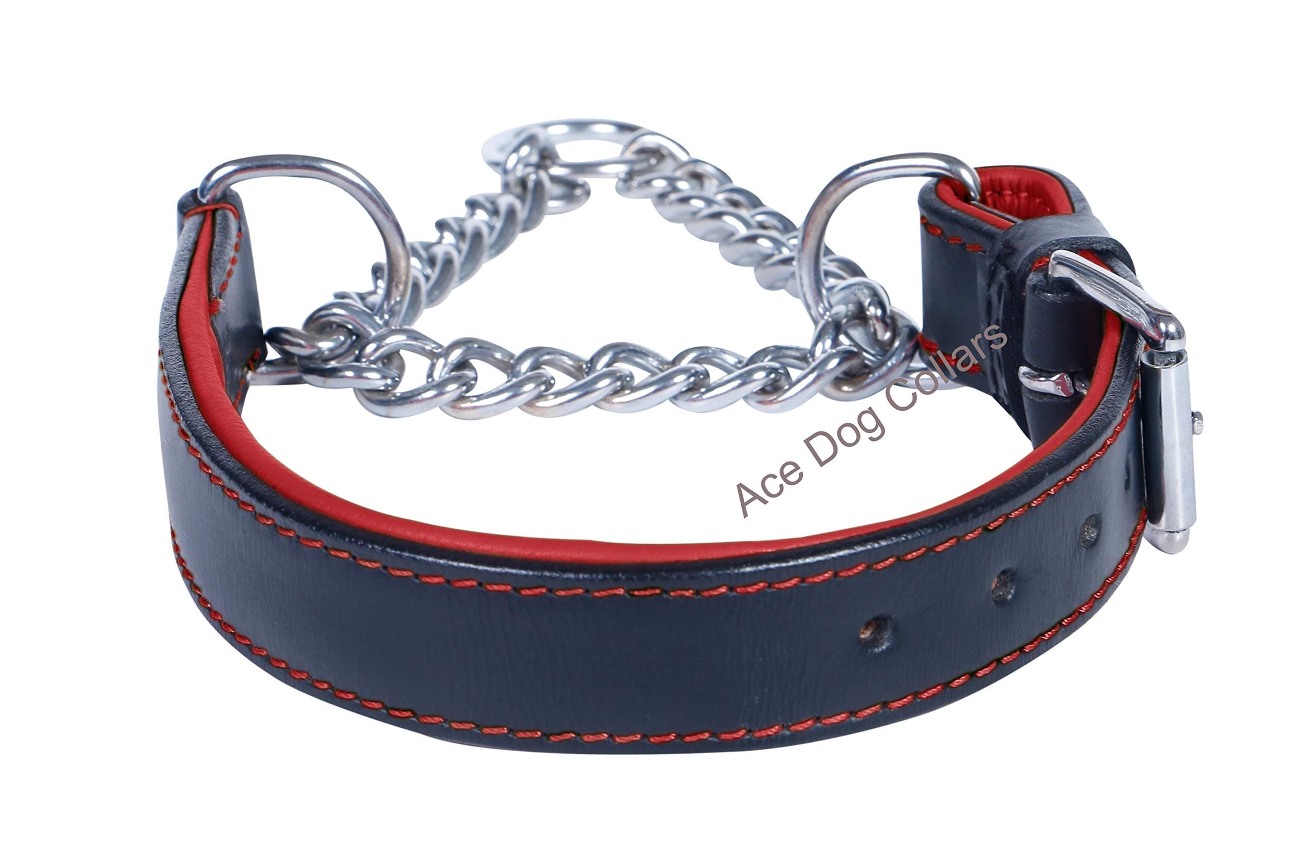 Ace Martingale Adjustable Comfy PADDED Half check/Martingale Genuine Leather Dog Collar ::SOLID STAINLESS CHAIN:: (fits up to 18" including chain (2/3" wide), Black with red lining)