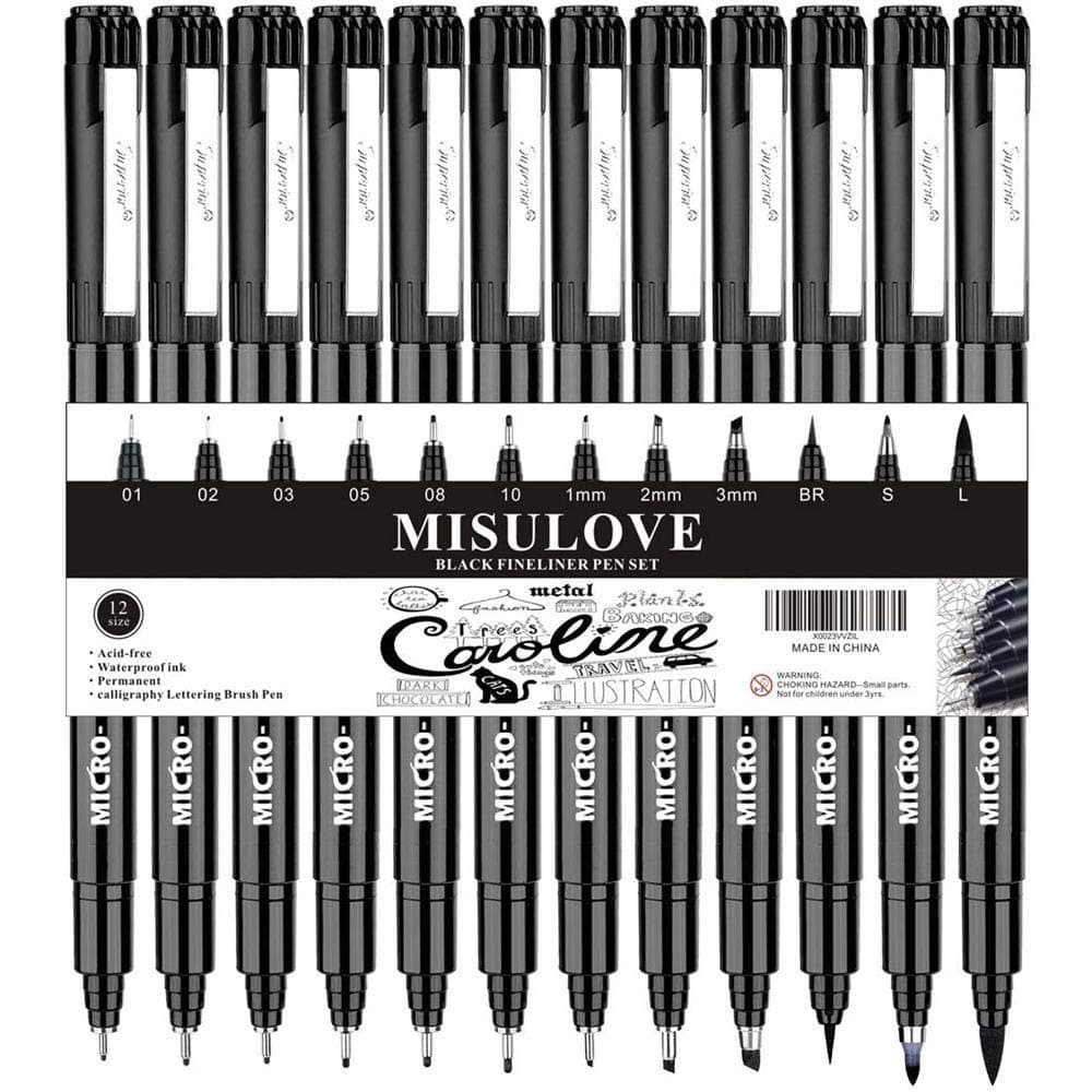 MISULOVE Micro-Pen Fineliner Ink Pen Set, Waterproof Archival Ink Micro Fine Point Drawing Pens for Sketching, Calligraphy, Anime, Illustration, Technical Drawing, Bullet Journaling, Black, 12/Set