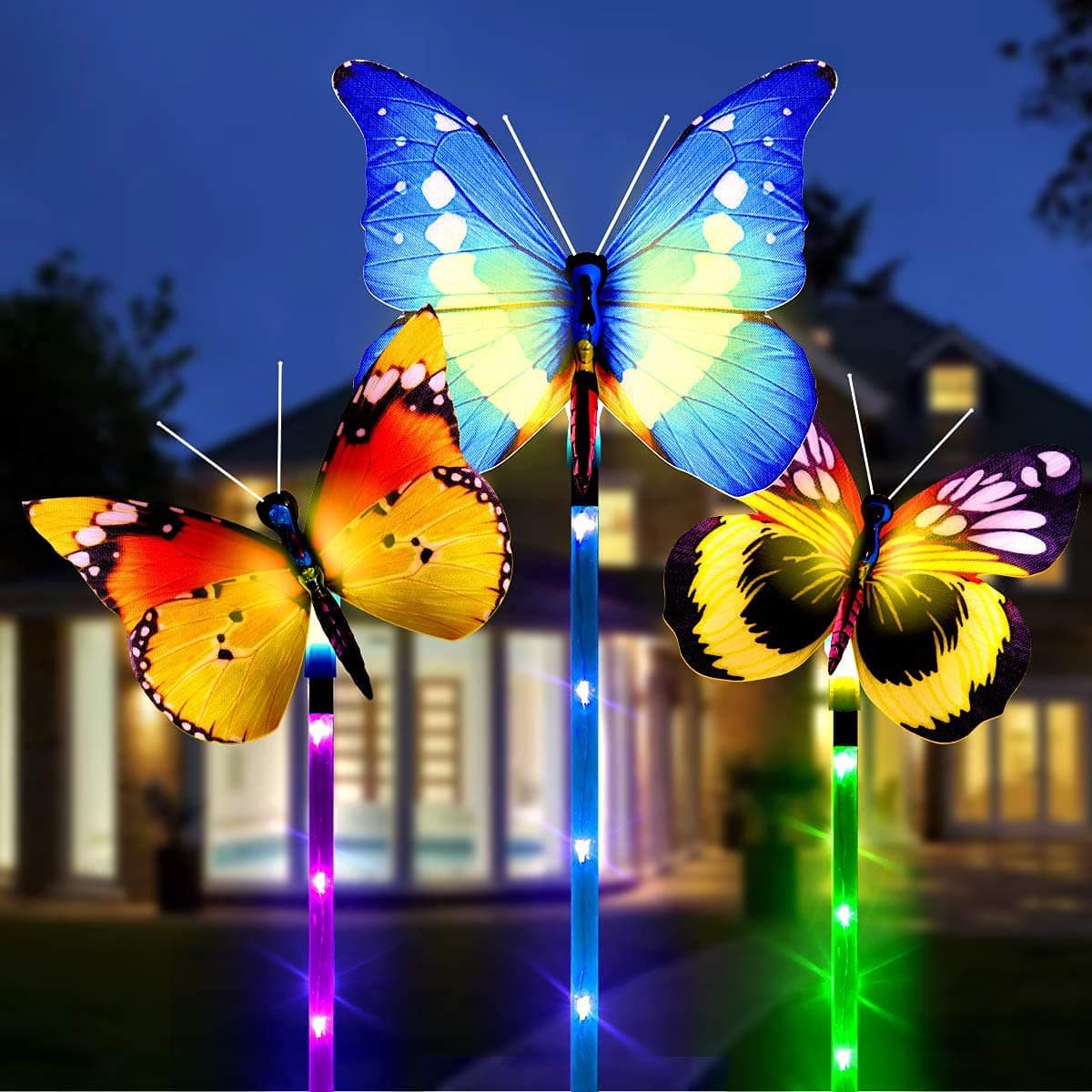 DELFINO Garden Solar Lights Outdoor - 3 Pack Solar Stake Light Multi Color Changing LED Garden Lights, Fiber Optic Butterfly Decorative Lights, Solar Powered with a LED Light Stake- Random color