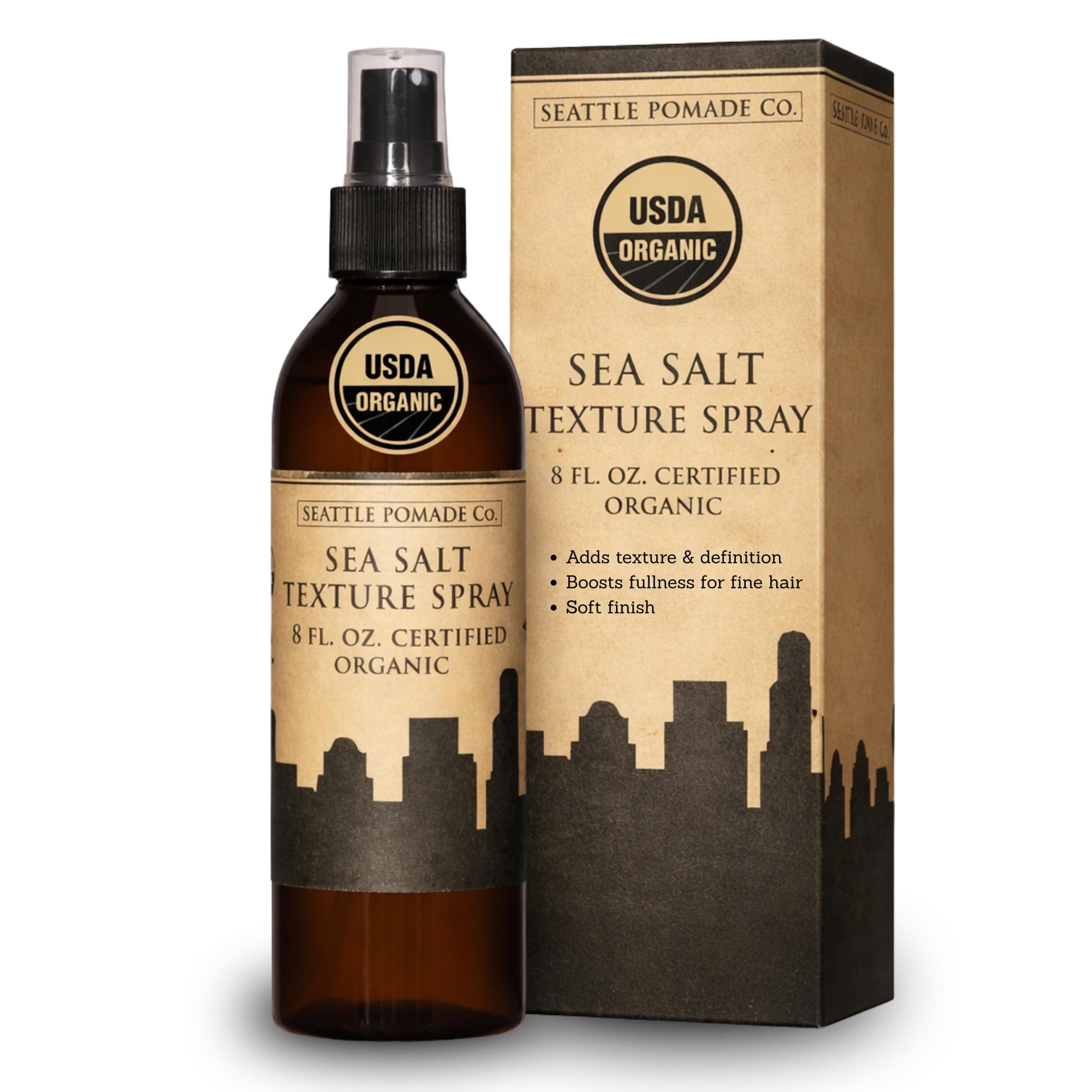 Seattle Pomade Co. Certified Organic Sea Salt Spray. Made with organic materials from around the world. Natural based sea salt spray for men or women. 8 floz. Non-GMO & Vegan Sea Salt spray for hair