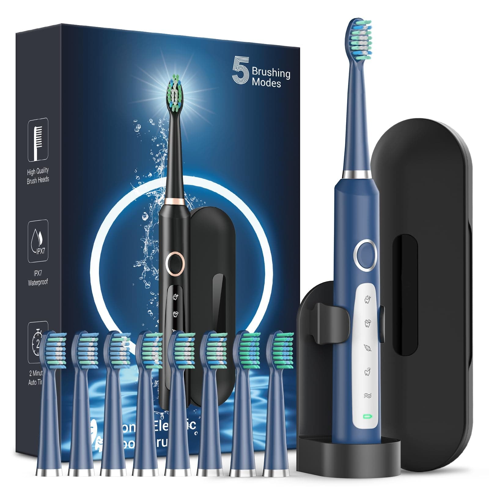 Rtauys Sonic Electric Toothbrush for Adults - Rechargeable, 41,000 Vibrations per Minute, Teeth Whitening, 8 Brush Heads, 24 Months of Usage, Blue