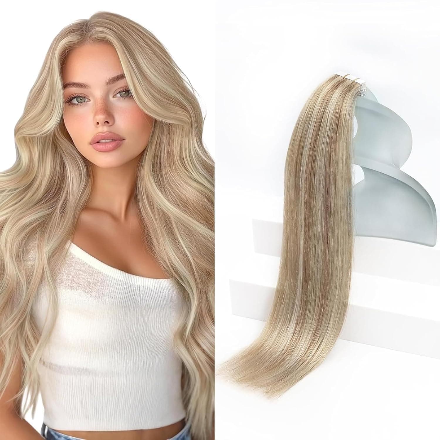 Blonde Tape in Hair Extensions Human Hair Ash Blonde Highlight Bleach Blonde Hair Extensions Tape in 20 Inch Remy Tape in Txtensions for Women Wedding 20Pcs 50g