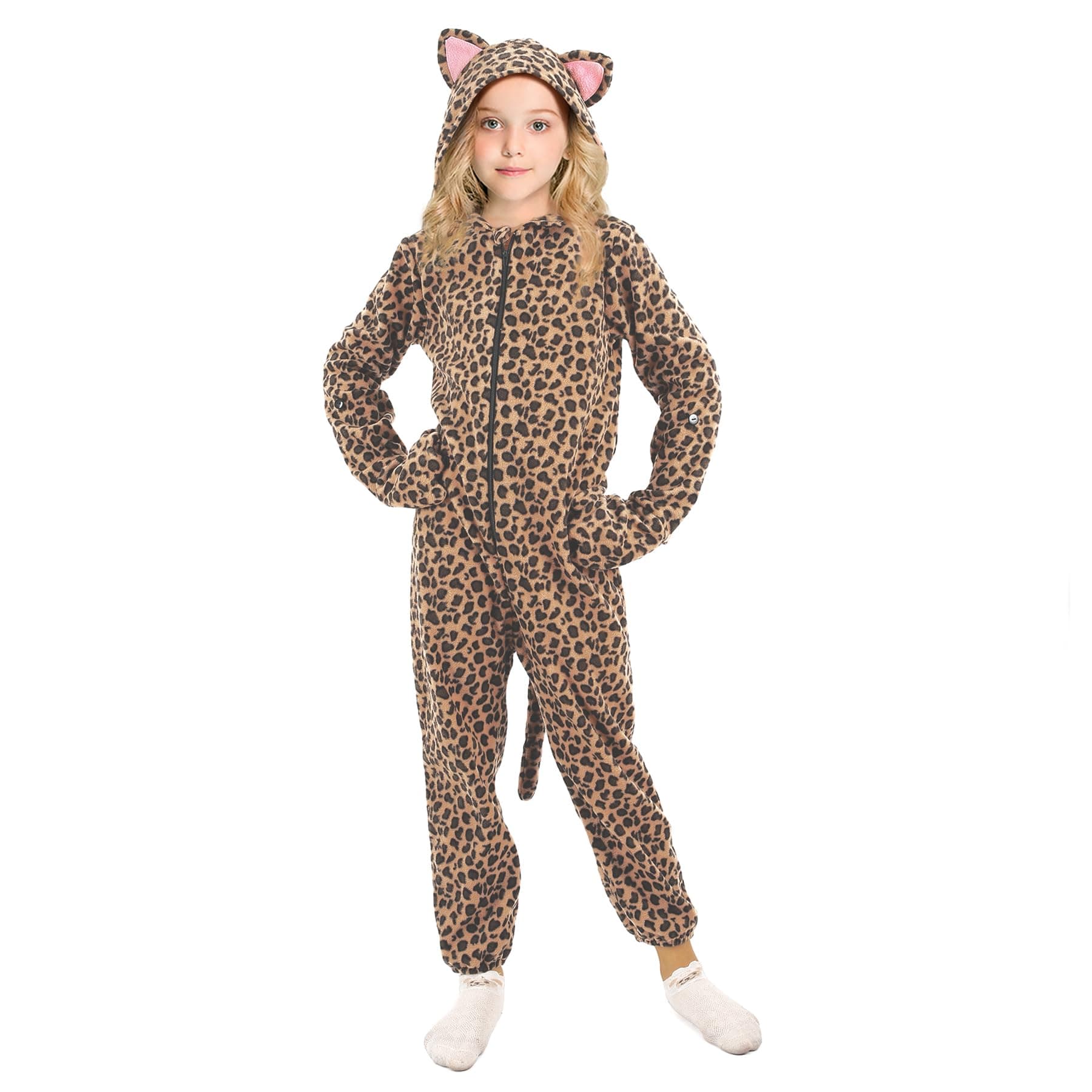 WELLPARTYWELLPARTY Cheetah Costume for Kids Leopard Onesie Costume for Boys Girls Halloween Animals Onepiece Costume for Kids 7-8Years