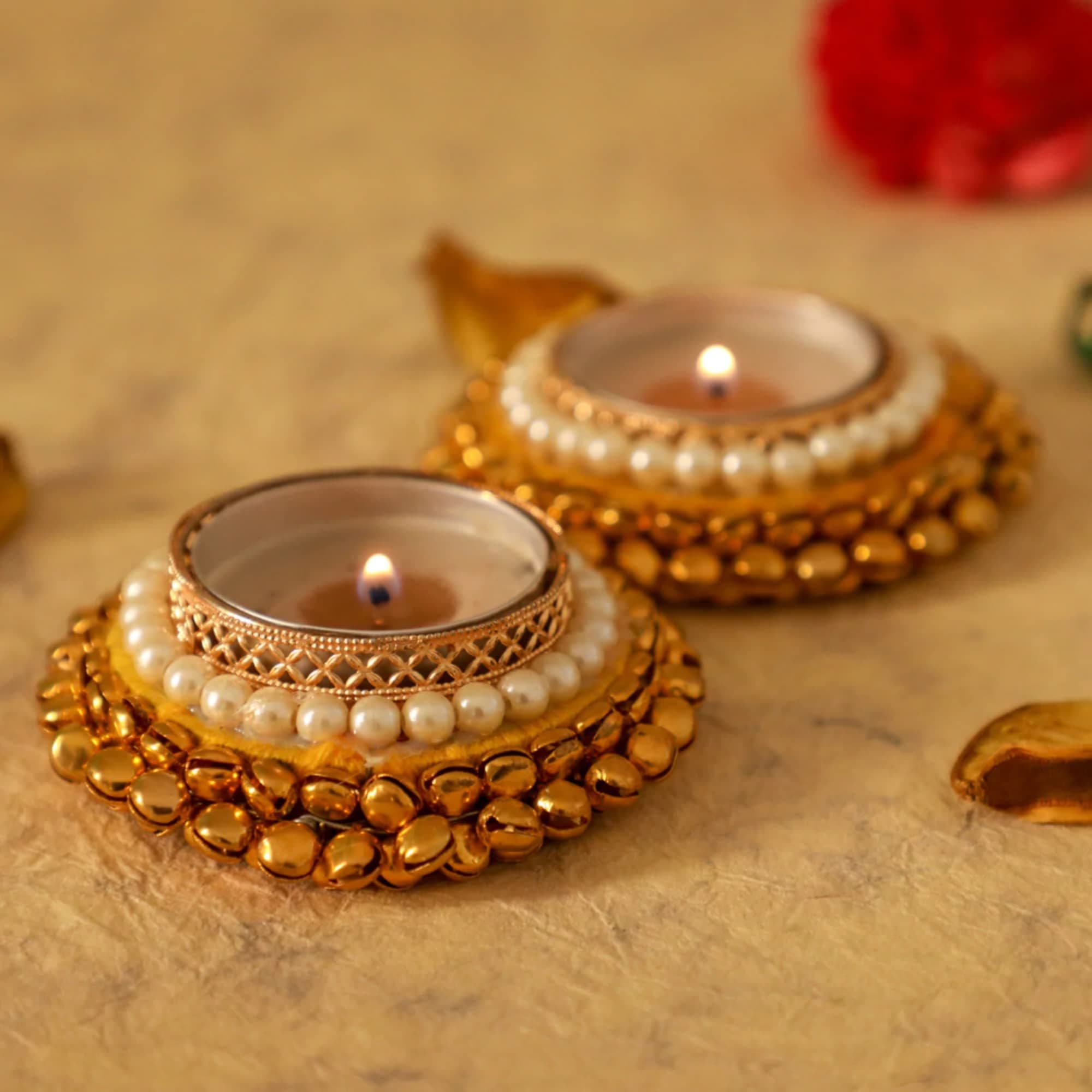 Desi Favors Metal Brass Diyas Bells for Tea Light Holder | Decorated Pearls | Christmas Décor | Candle Diya Holder for India, Diwali, Wedding, House Warming, Pooja | 1.5x1.5x0.79 Inch (Pack of 2)