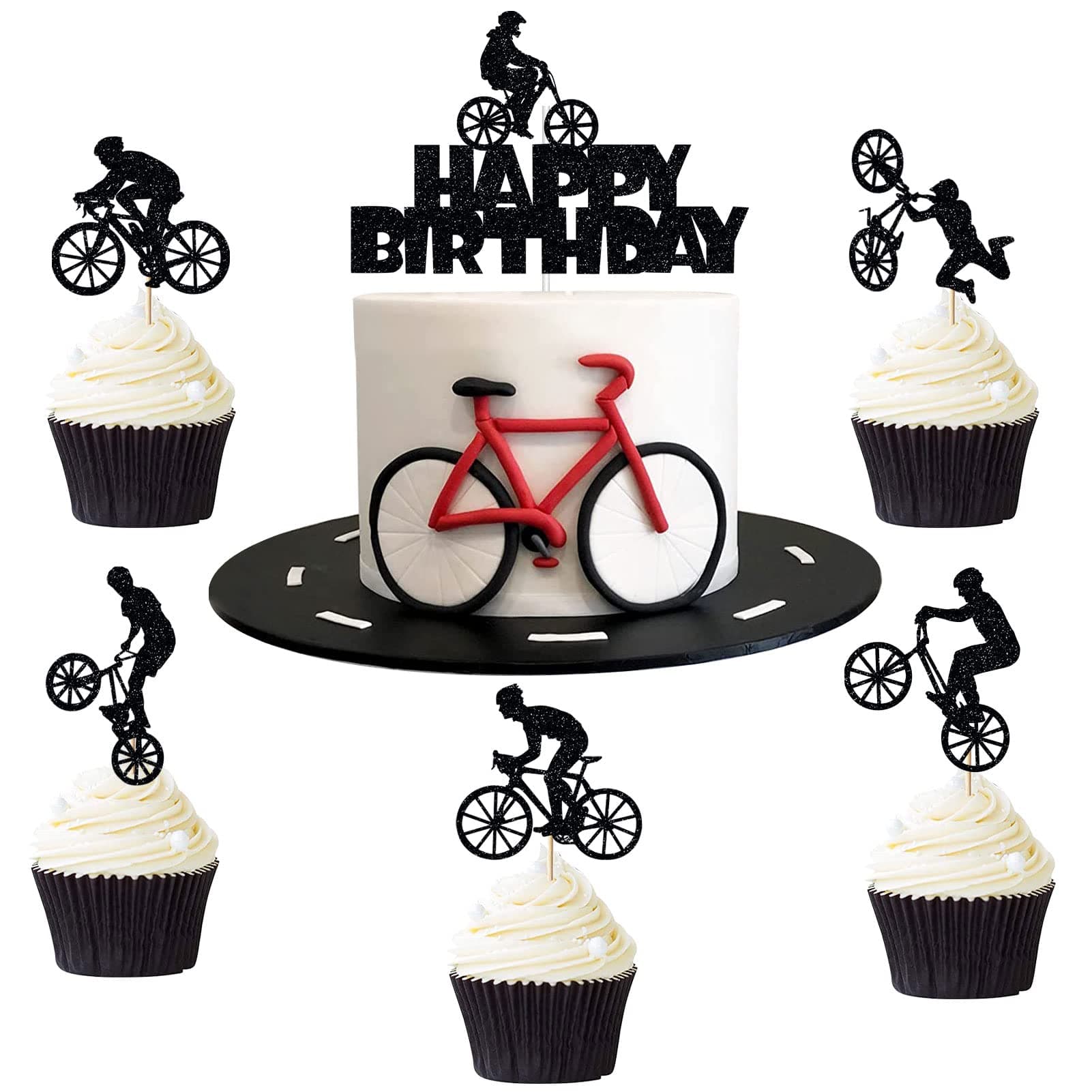 26 Pieces Bicycle Cake Topper Happy Birthday Cycling Cake Decoration Black Glitter Bike Cupcake Topper for Bicycle Themed Birthday Party Supply for Him, Son, Boys, Dad, Grandad, Kids