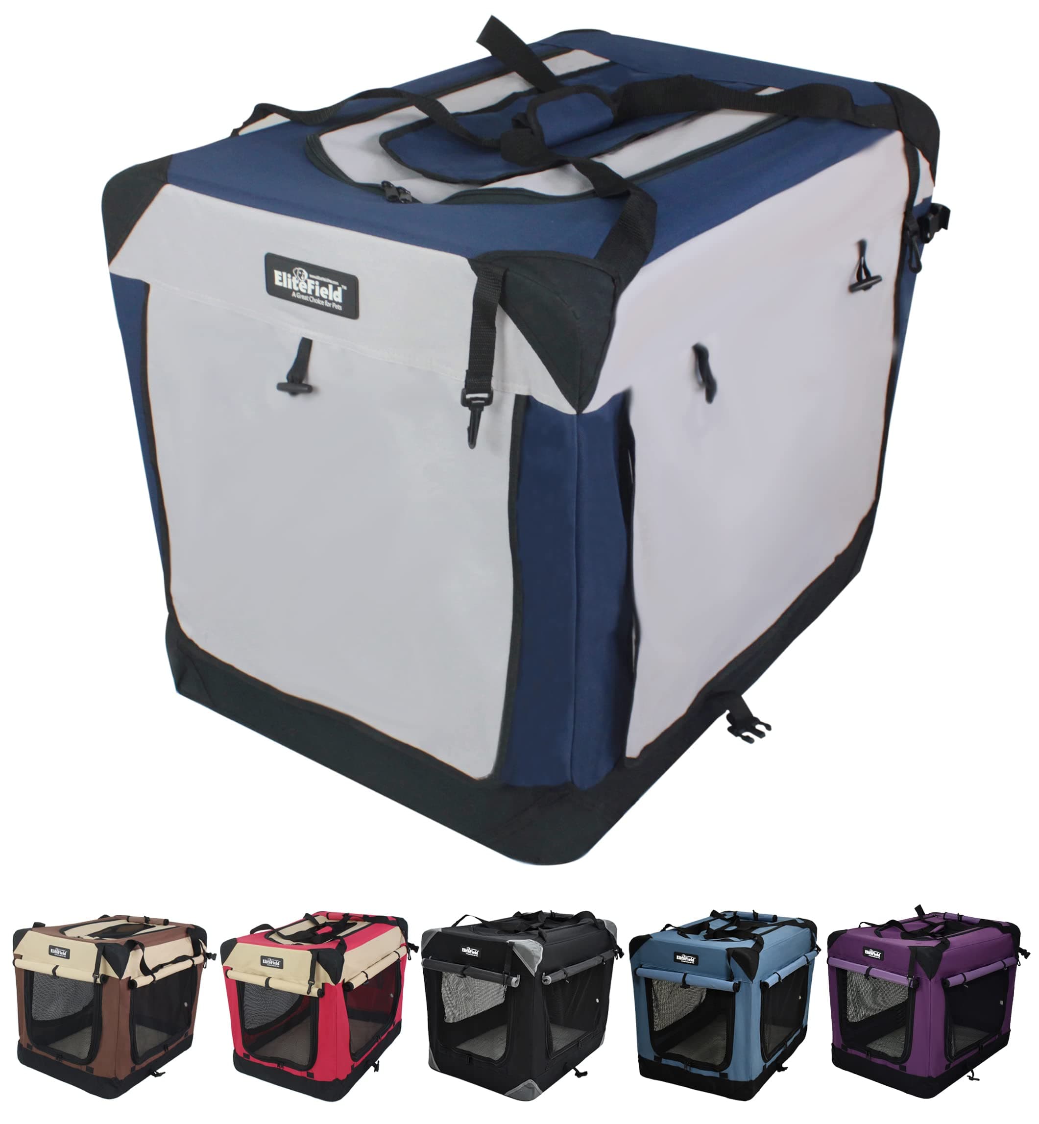 EliteField 4-Door Folding Soft Dog Crate with Curtains, Carrying Bag and Fleece Bed (2 Year Warranty), Indoor & Outdoor Pet Home (36" L x 24" W x 28" H, Navy Blue +Gray)