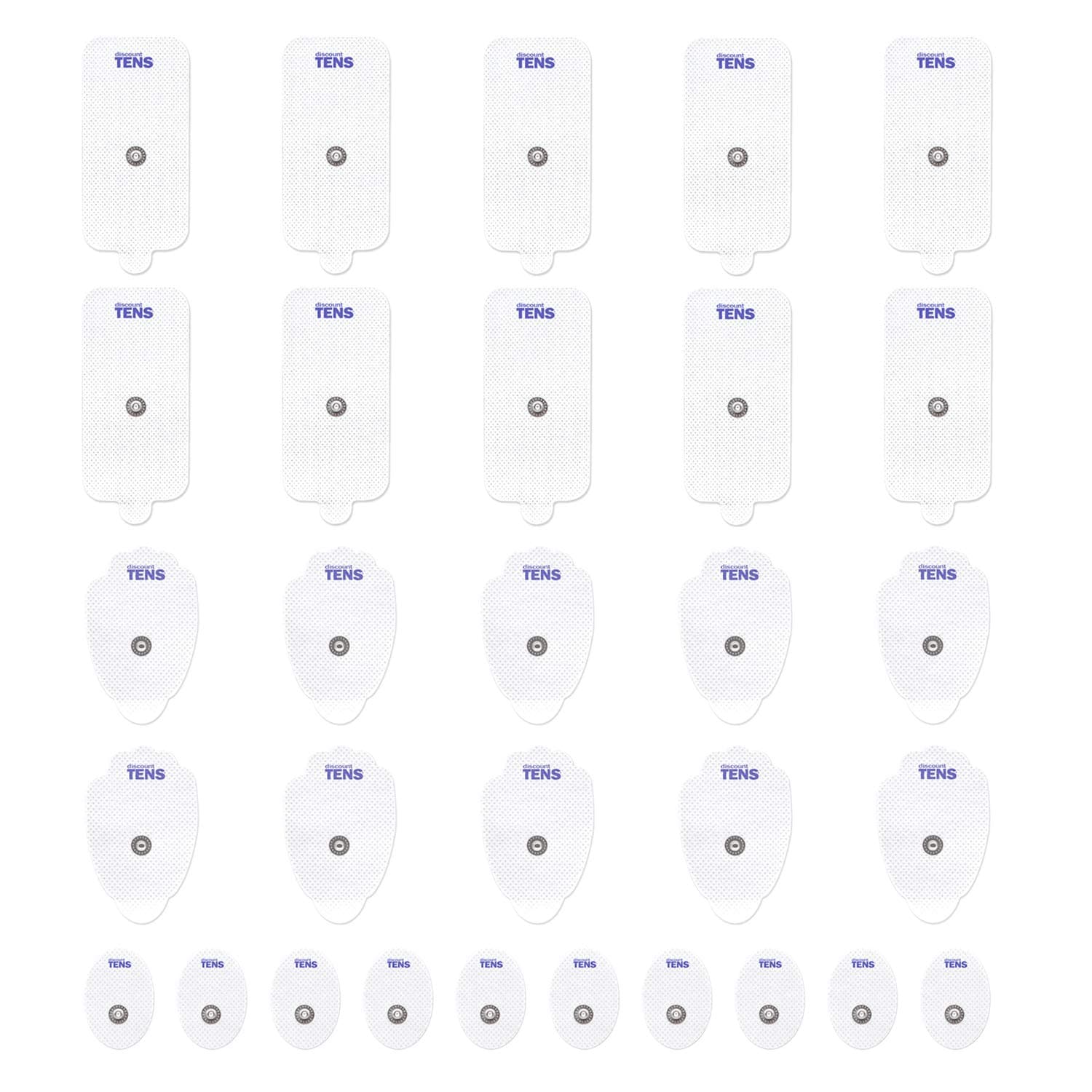 - Discount TENS Brand Electrodes – 30 Pack Assorted Replacement Pads with Small, Large & XL Sizes – Reusable Self-Adhesive Snap Electrodes Compatible with Most TENS & EMS Units Using 3.5mm Connectors