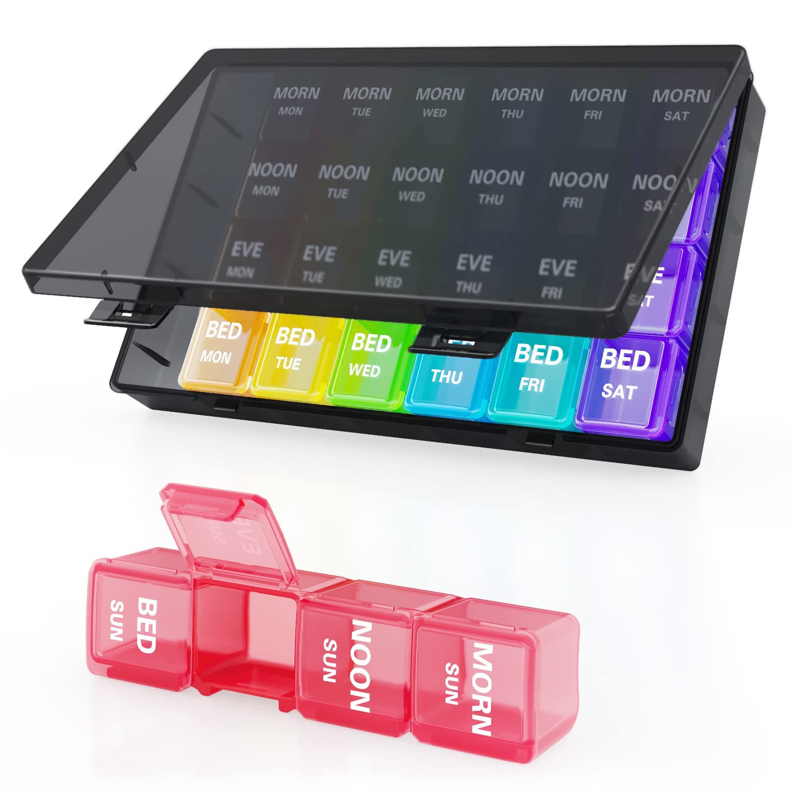 Large Weekly Pill Organizer 4 Times a Day, Barhon 7 Days Pill Boxes with Dust-Proof Container, Big Letters Medicine Organizer Case for Vitamin Fish Oil Supplement(Rainbow)