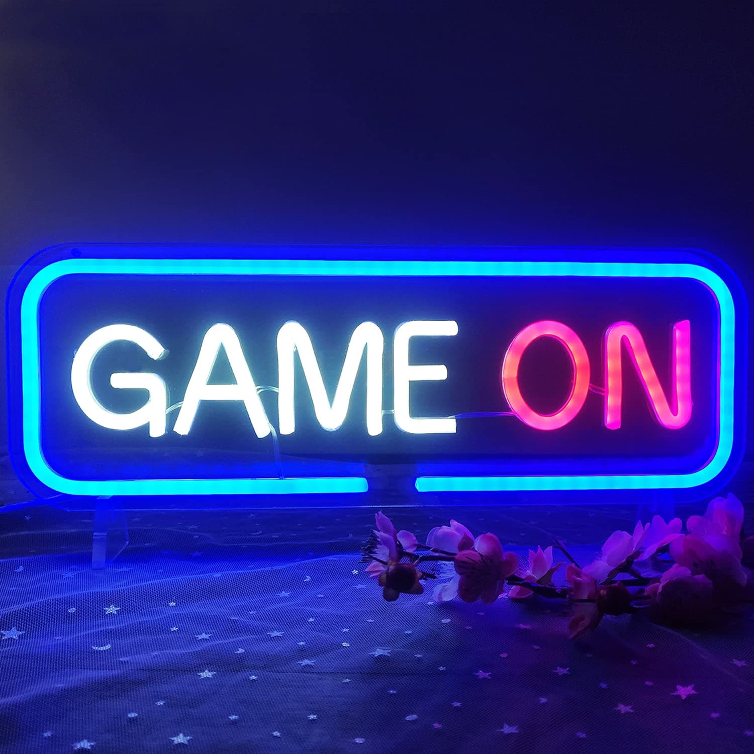 Game On Neon Signs Dimmable Gamer Gift USB Powered Neon Sign Decor Handmade Blue Neon Gaming Sign Neon Signs for Bedroom Game Room Man Cave Video Party Supplies 16''