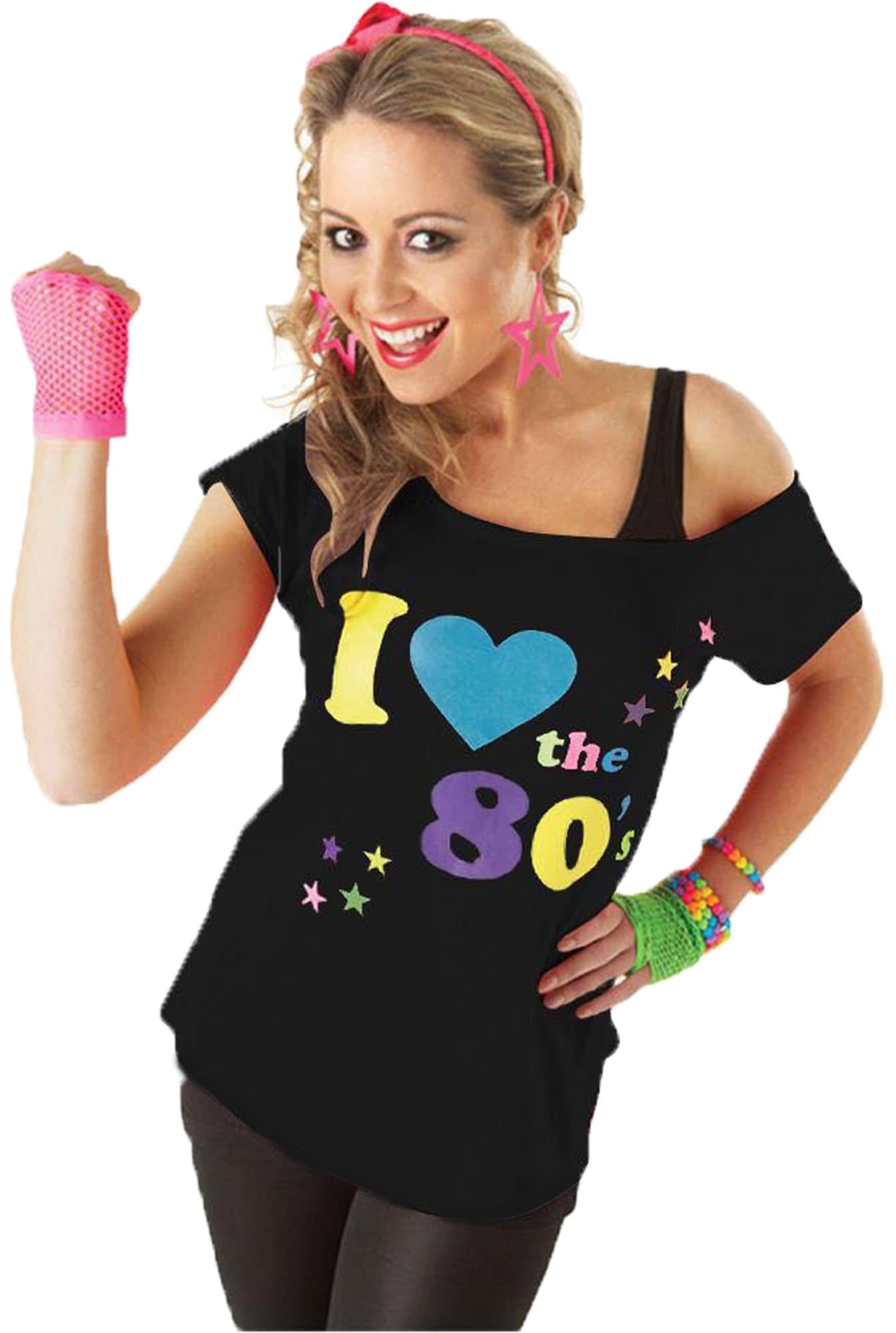 Candid StylesWomens I Love The 80s Printed Off Shoulder Bardot Retro Popstar T Shirt Top 8-22