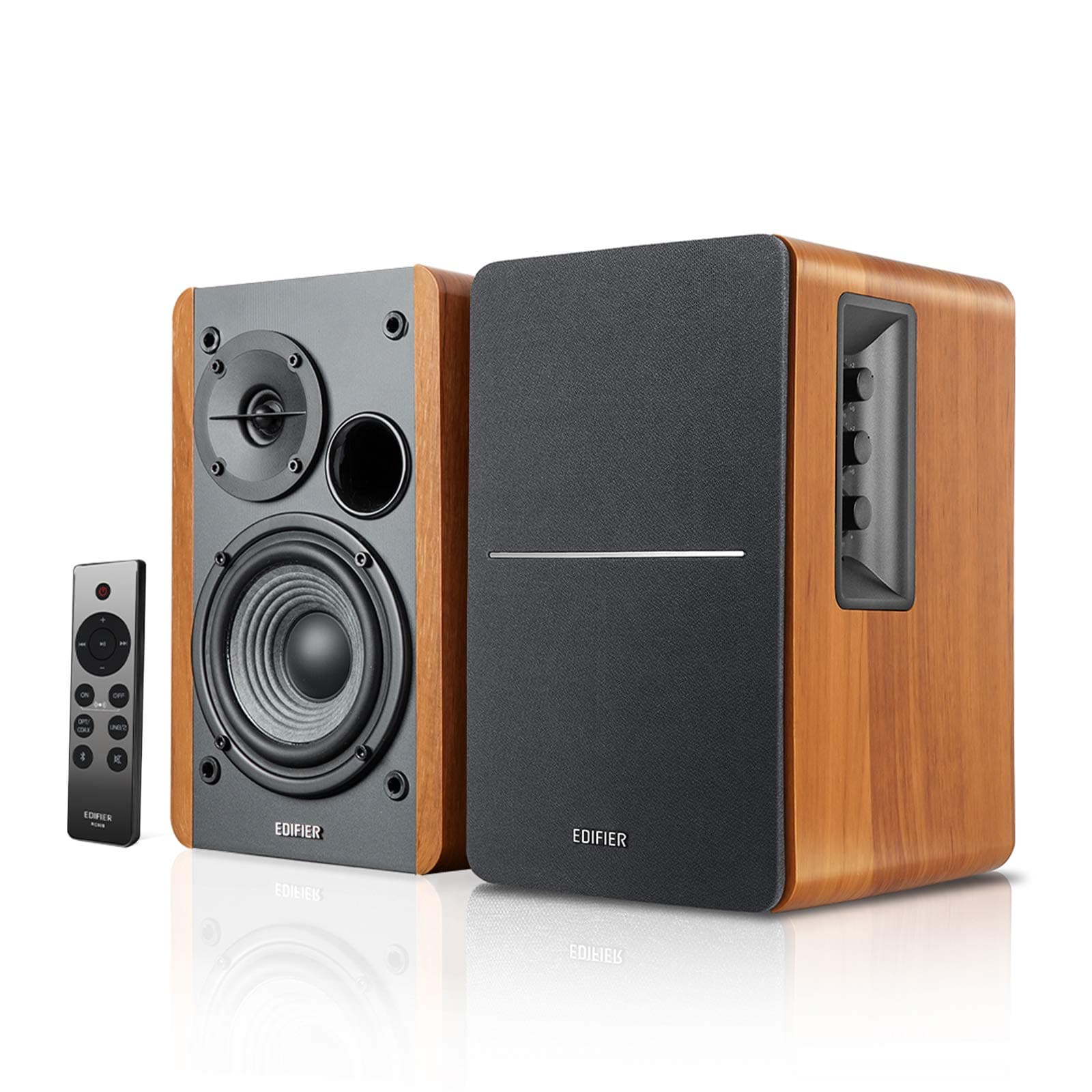 R1280DBs Active Bluetooth Bookshelf Speakers - Optical Input - 2.0 Wireless Studio Monitor Speaker - 42W RMS with Subwoofer Line Out - Wood Grain