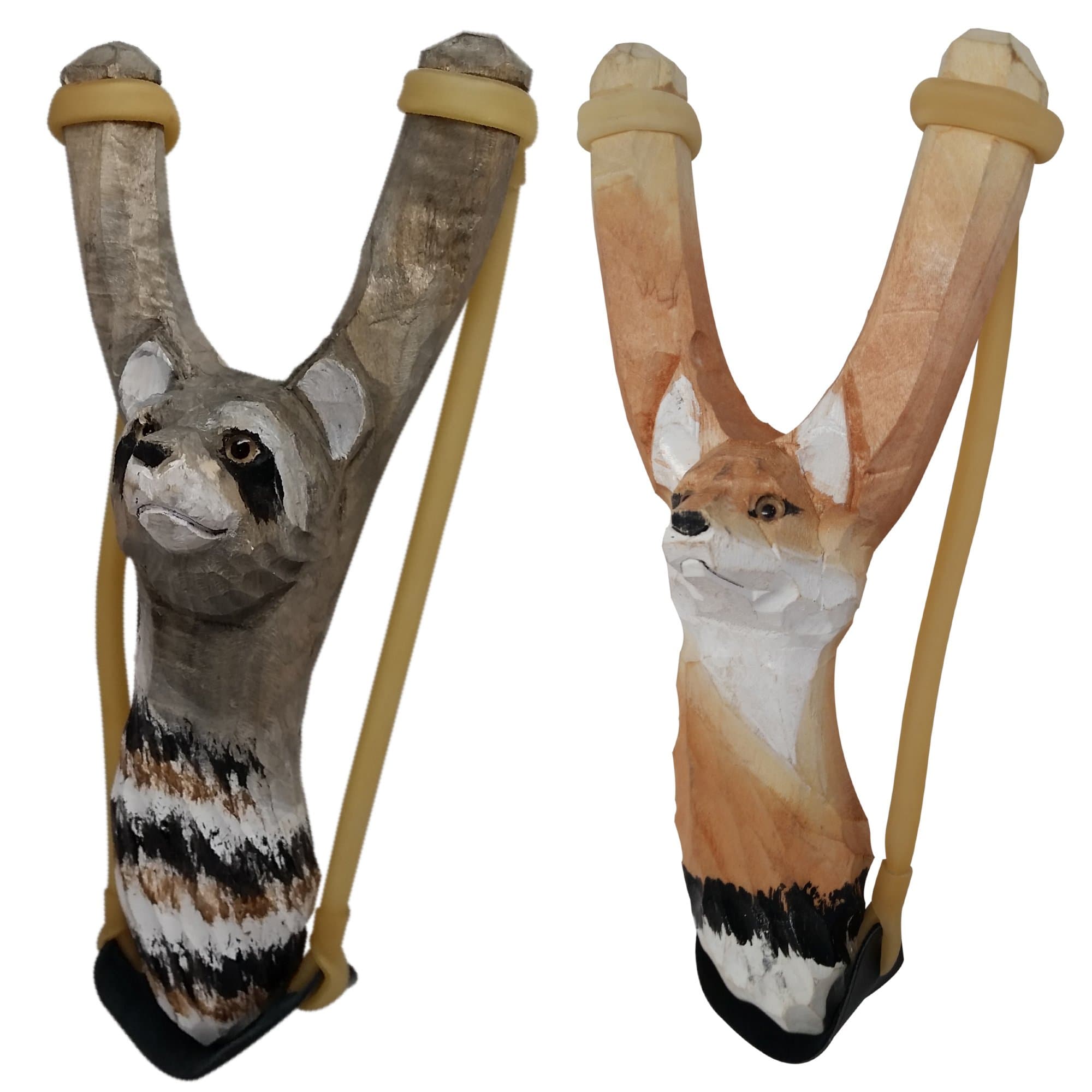 Hand-Carved Wooden Animal Slingshot Set | 2 Pack (Raccoon & Fox)