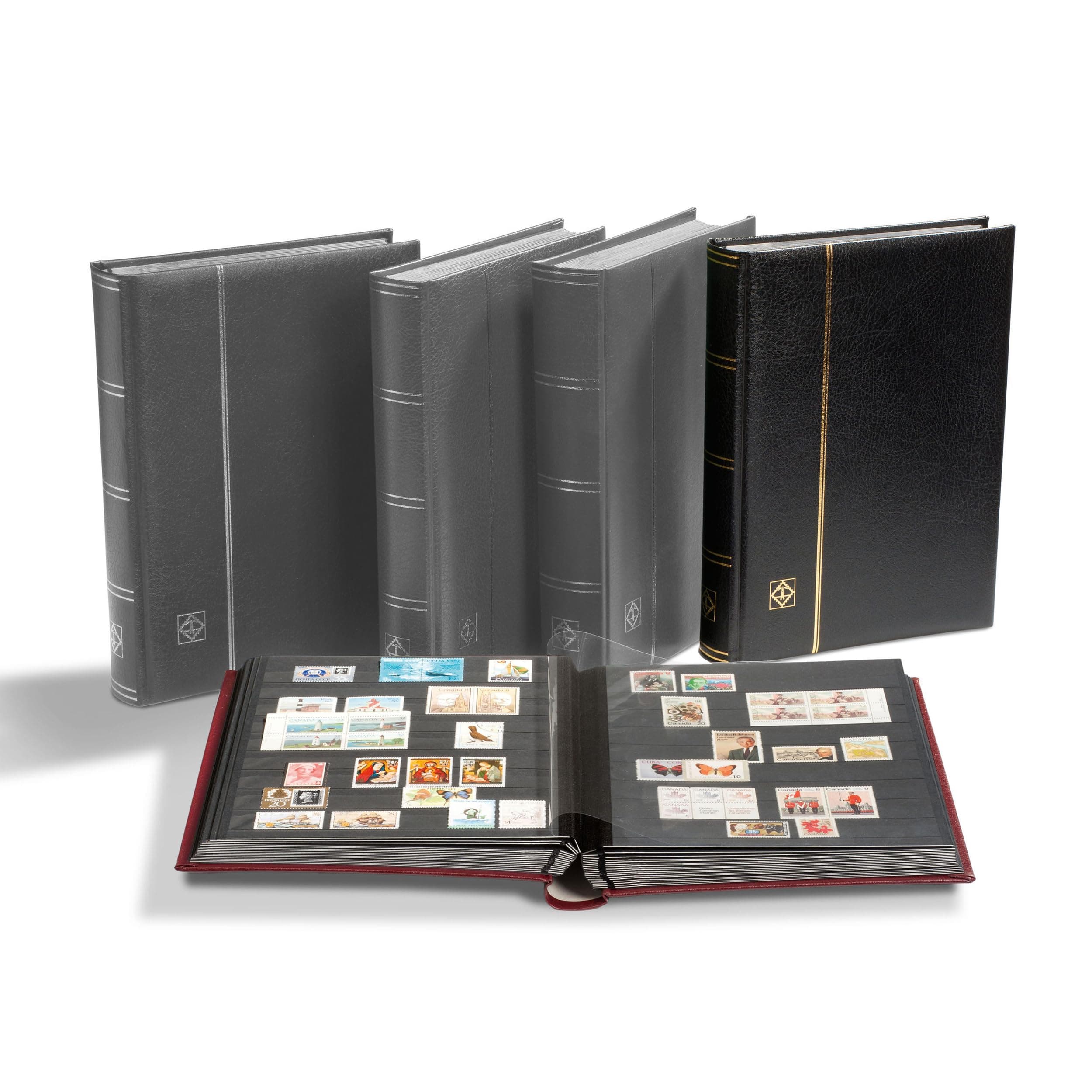 LIGHTHOUSE – “PREMIUM” Bonded Leather Cover Stockbook for Stamps - 64 Black Cardstock A4 Pages with Clear Strips and Double Linen Hinges - Black