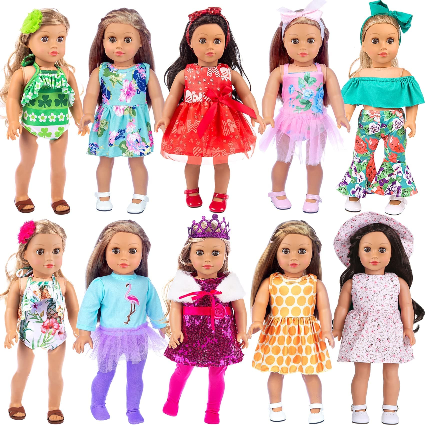 24 pcs girl doll clothes and accessories for american 18 inch girl doll clothes outfits | included 10 set of clothing mix dress, hair bands, hair clips, crown and cap- Multi color